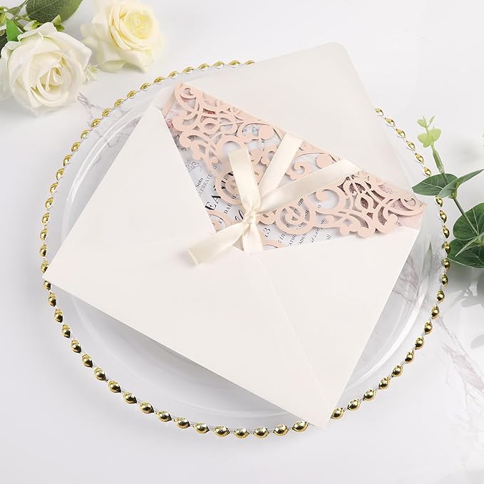 50pcs Blush Pink Wedding Invitations With Envelopes and Rsvp Cards 5x7 Inches Laser Cut Wedding Invitation Pockets for Bridal Shower QuinceañEra Engagement Birthday Invites