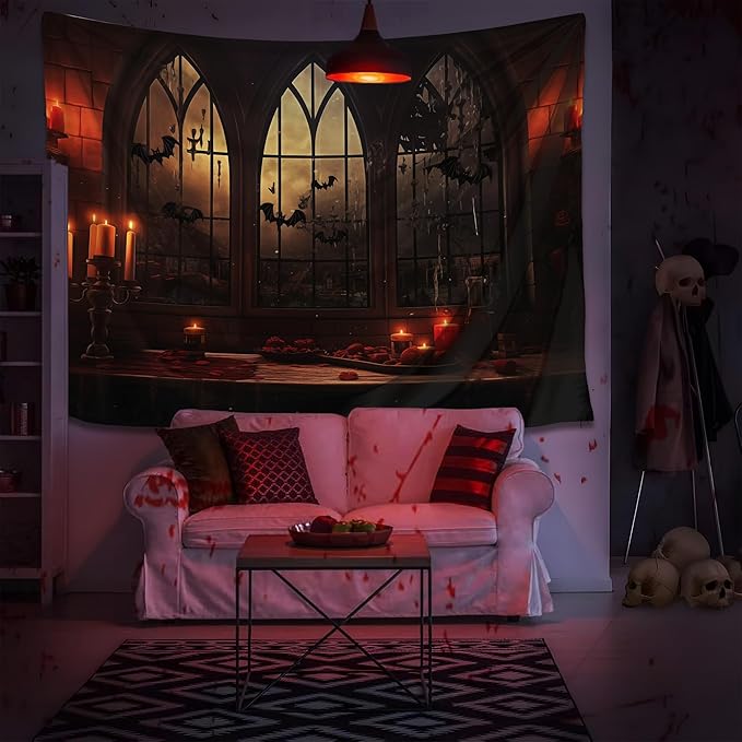 QGHOT Halloween Tapestry Wall Hanging Horror Castle Window Tapestry Gothic Spooky Backdrop Vampire Medieval Tapestries for Bedroom Living Room Dorm Wall Art Decor (78.7"x59.1")