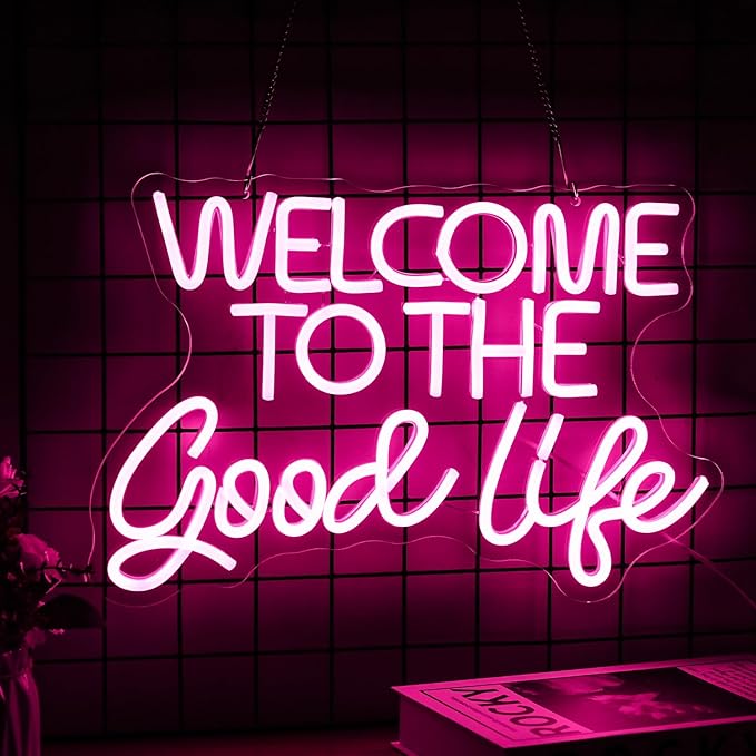 Welcome To The Good Life Neon Sign Letter LED Neon Lights Dimmable USB Powered 16.5’’X11’’Cool Wall Decorative Light Bedroom Kids Room Birthday Party Bar Decoration Gifts for Friend（Pink）