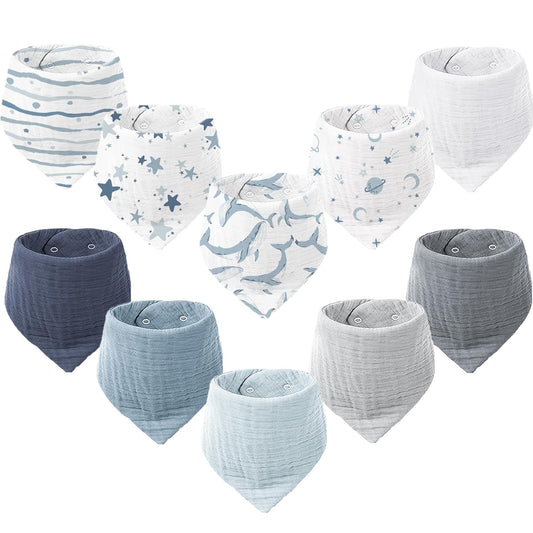 Konssy Muslin Baby Bibs 10 Pack Baby Bandana Drool Bibs 100% Cotton for Unisex Boys and Girls, Soft Absorbent Set for Teething and Drooling