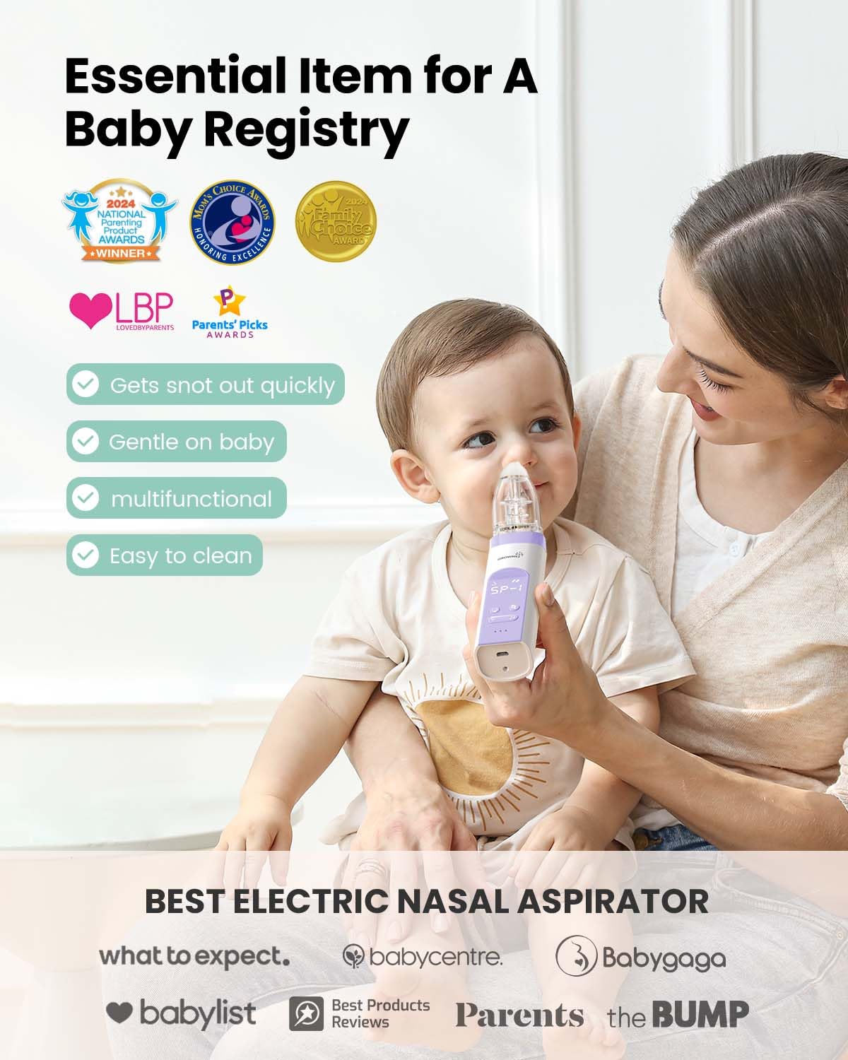 GROWNSY Nasal Aspirator for Baby, Electric Baby Nose Sucker, Automatic Nose Cleaner with Larger Suction Chamber and More Powerful Suction, Music and Light Soothing Function, Purple