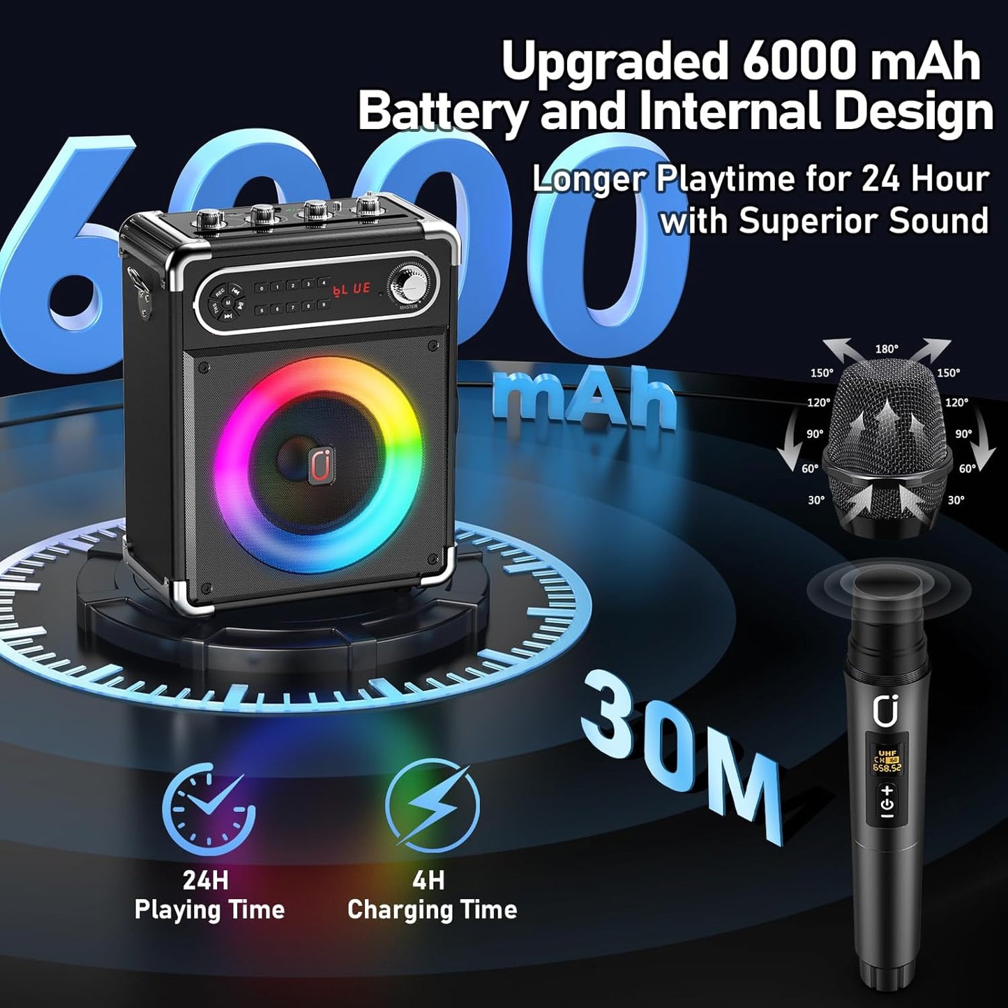 Karaoke Machine with 2 Wireless Microphones,【Upgraded 6.5"Woofer & 2"Tweeter】Portable Bluetooth 5.3 Karaoke Speaker, PA System with Bass/Treble/Echo Adjustment, Supports USB/AUX/TF/TWS for Home Party