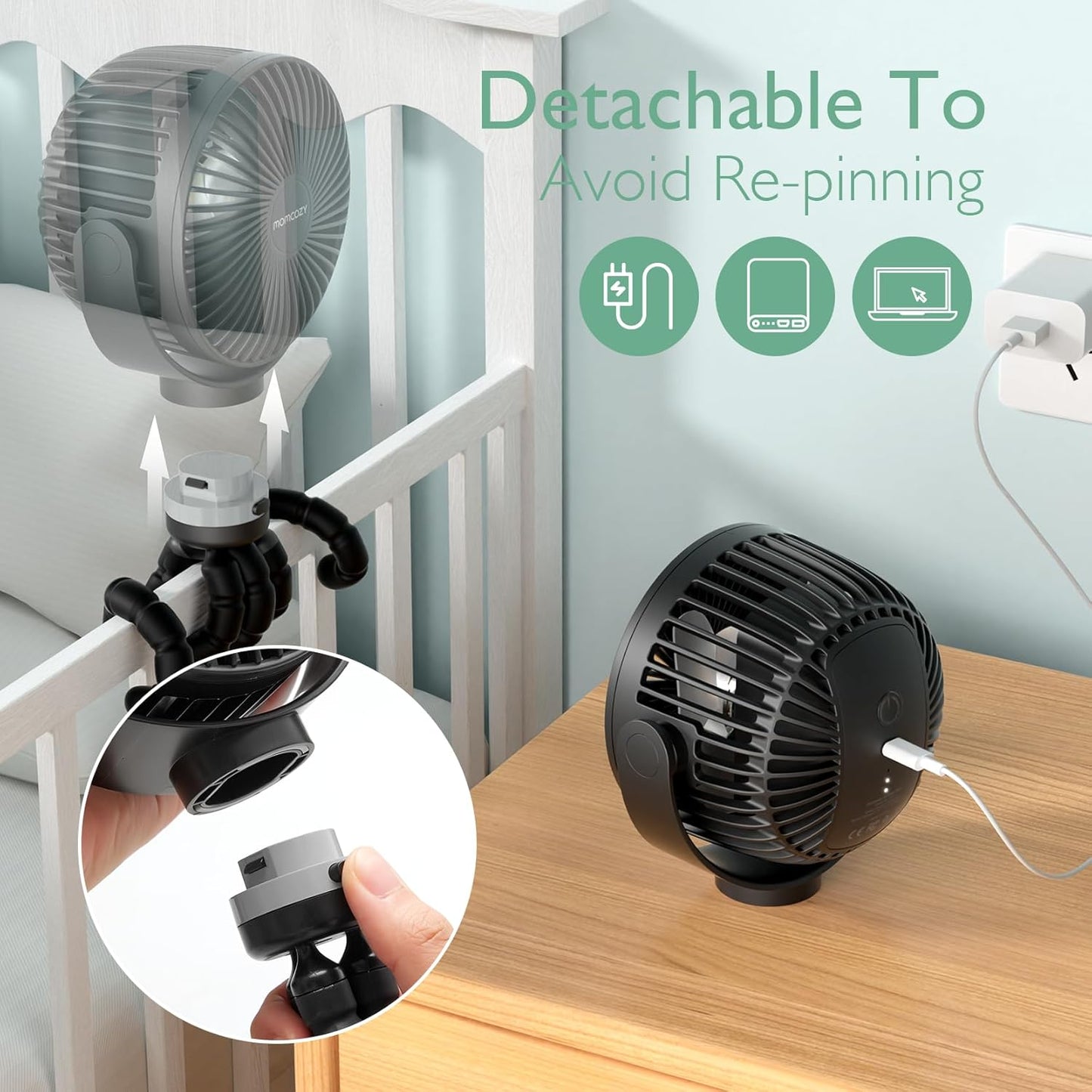 Momcozy Portable Stroller Fan, 8000mAh, 27H Ultra-long Battery Life, Detachable 4 Speed 360°Rotate, LED Night Light with 2 Modes, USB Rechargeable Handheld Cooling Fan for Travel, Car Seat, Bedroom