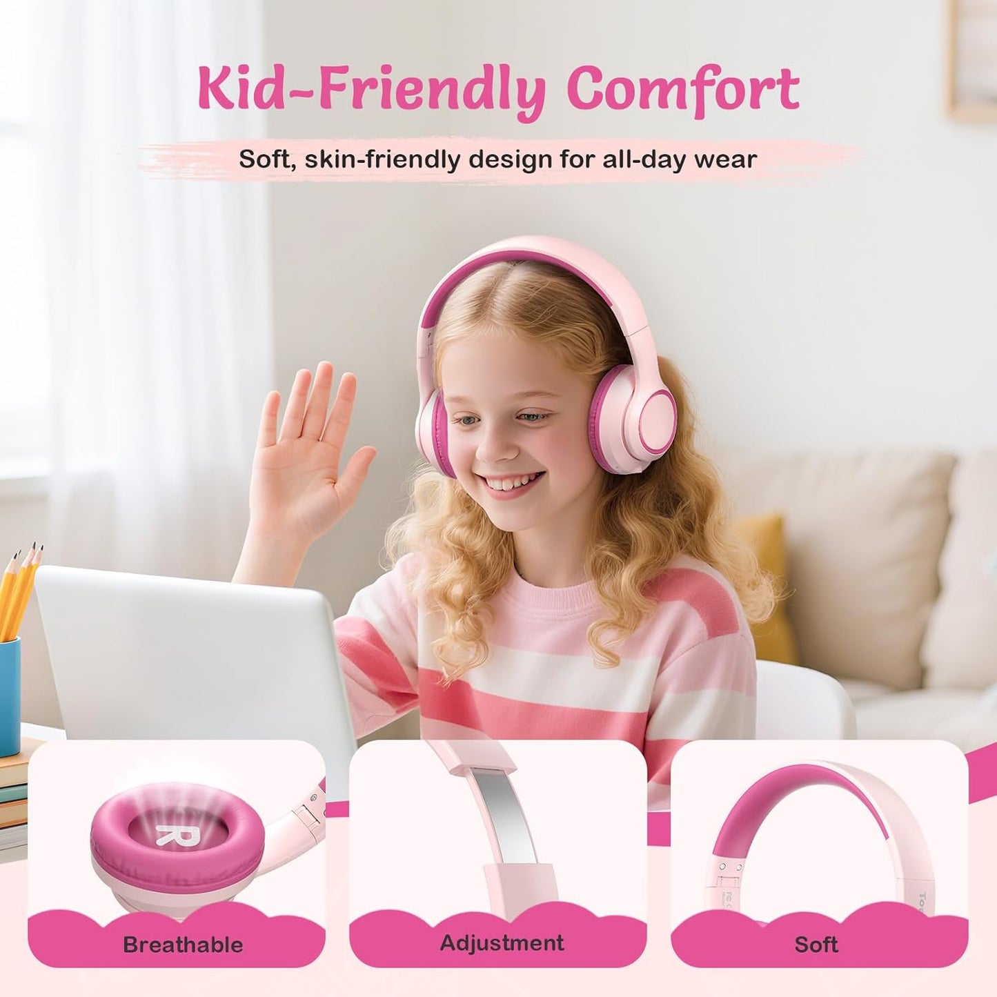 Active Noise Cancelling Headphones for Kids, 60H Playtime, Wireless Bluetooth Over-Ear Blue Headset Built-in Microphone for Home/School/Travel/Party - Includes Portable Case (Pink)
