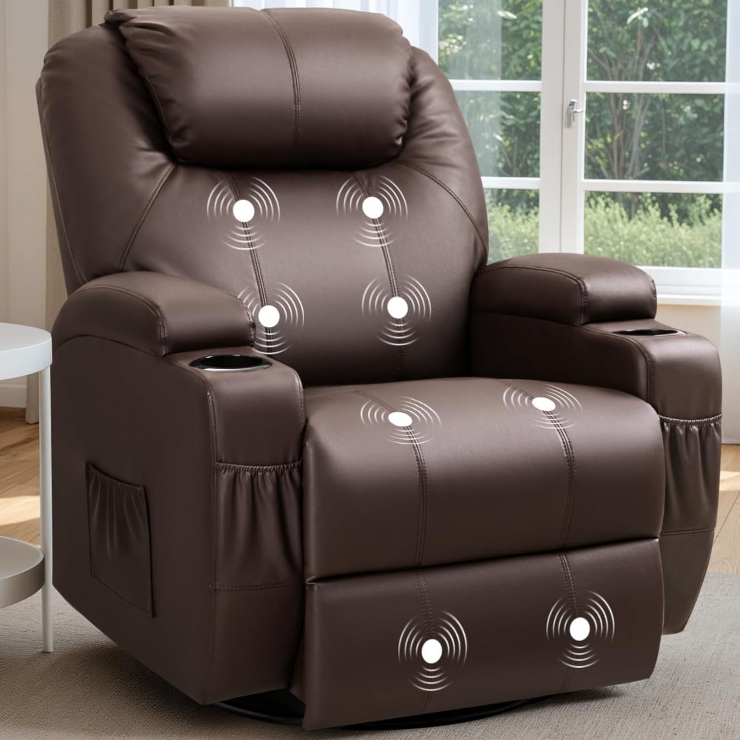 Recliner Chair, 360° Swivel Rocker Chair for Adults, Rocking Recliner Chair with Massage, Comfy Single Sofa with Side Pockets Cup Holders for Living Room, Bedroom, Nursery (Leather, Dark Brown)