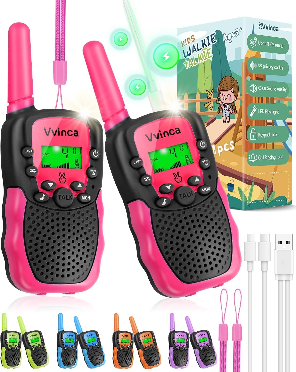 Walkie Talkies for Kids, Rechargeable Long Range Gift Toy for Ages 3 4 5-7 8-12 Year Old Girl Boy with 22 CH 2 Way Radio Flashlight 3 Mile Long Range Walkie Talkie for Outdoor Game Camping 2 Pack