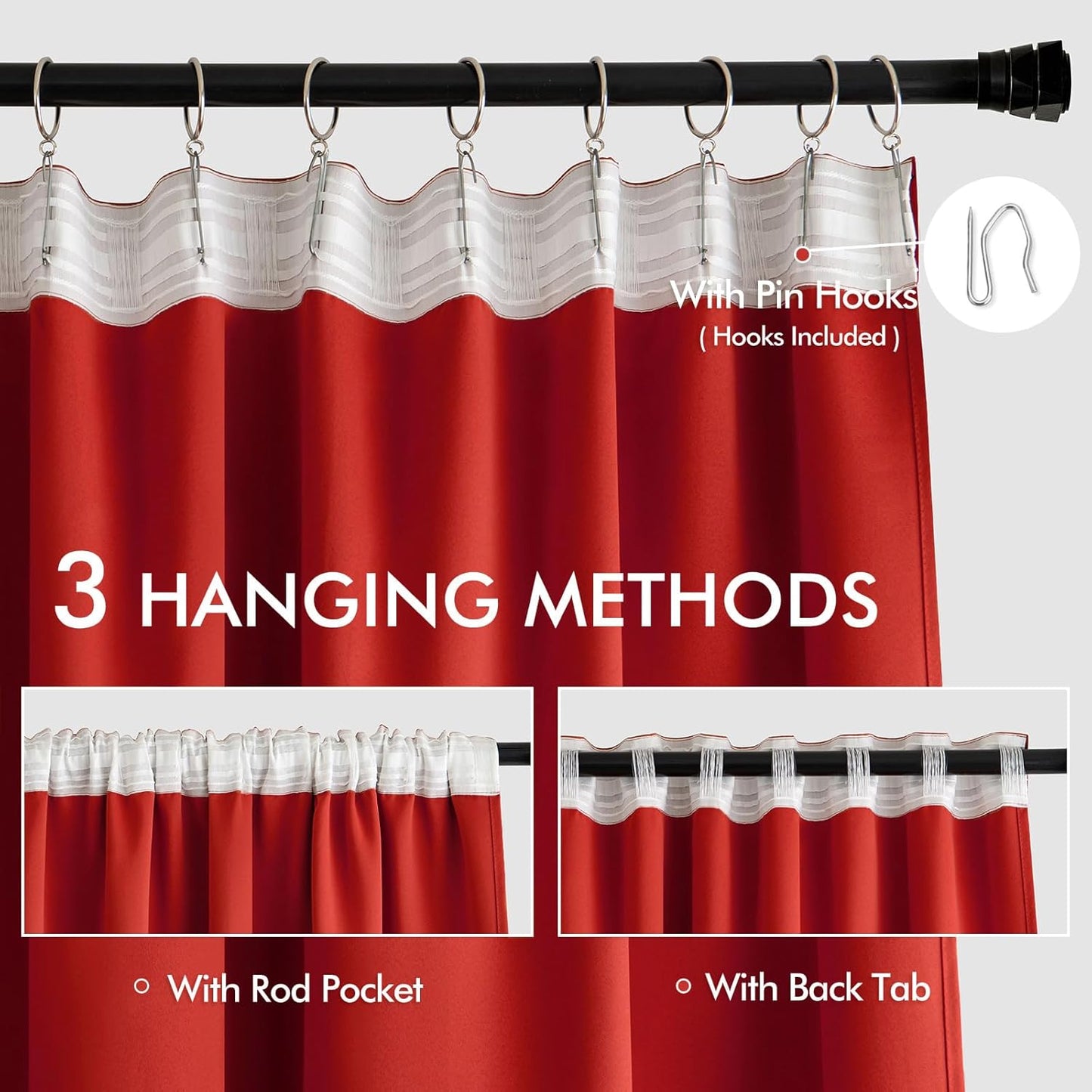 MIULEE Red Back Tab Blackout Curtain 96 Inch Long 2 Panels Set for Living Room Bedroom, Rod Pocket/Pinch Pleat Thermal Insulated Room Darkening Pleated Light Blocking Floor to Ceiling Drape