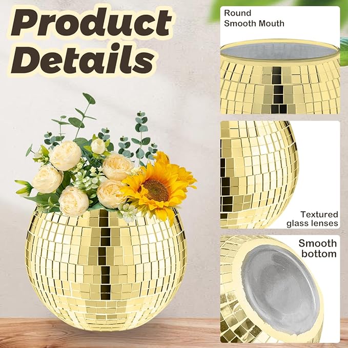 8 PCS Disco Ball Vase,Glass Disco Ball Planter Candle Holder Vase Bulk Mirror Disco Ball Flower Vase for Wedding Centerpieces,Birthday,Office,Bedroom(Gold)