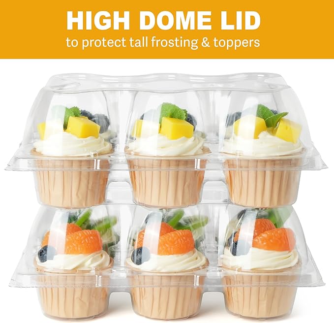 LotFancy Cupcake Containers 6 Count, 10 Sets, Clear Plastic Cupcake Boxes, Disposable Cupcake Carriers with Detachable Tall Dome Lid, BPA Free, Standard Size