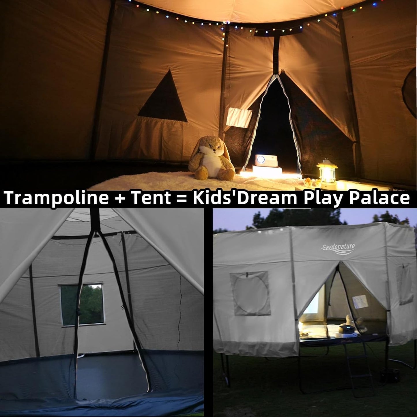 Gardenature 10FT/12FT/14FT Trampoline Tent(Tent Only), Fit Round Trampolines, Shade Cover with LED Light, Outdoor Trampolien Accessories, Anti-Tear, Beige