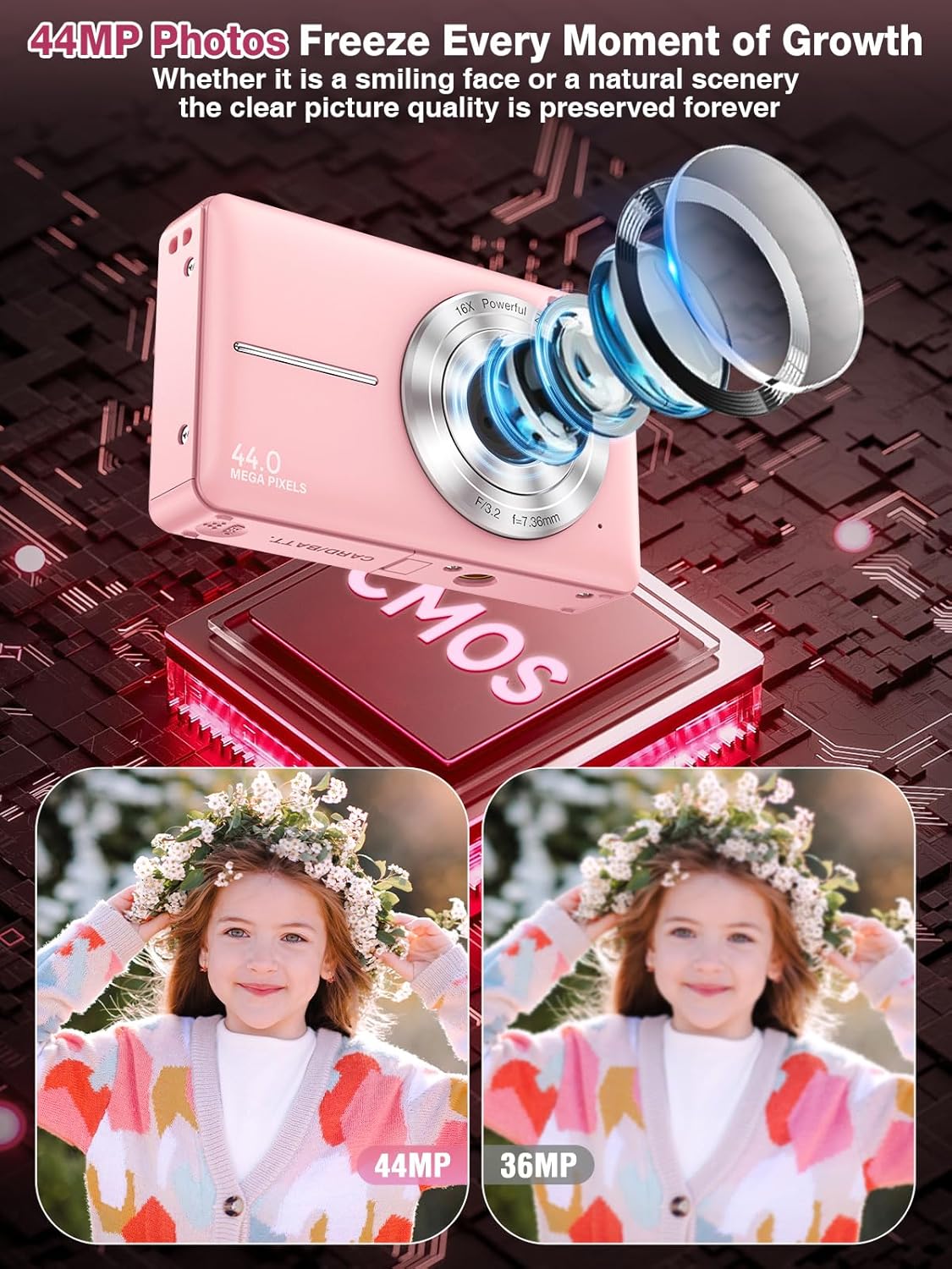 Digital Camera,FHD 1080P Kids Camera 44MP Point and Shoot Digital Cameras with 32GB Card,16X Zoom,Anti-Shake,Date Stamp,Compact Small Cameras Photography for Kids Student Teen Girl Boy(Pink)