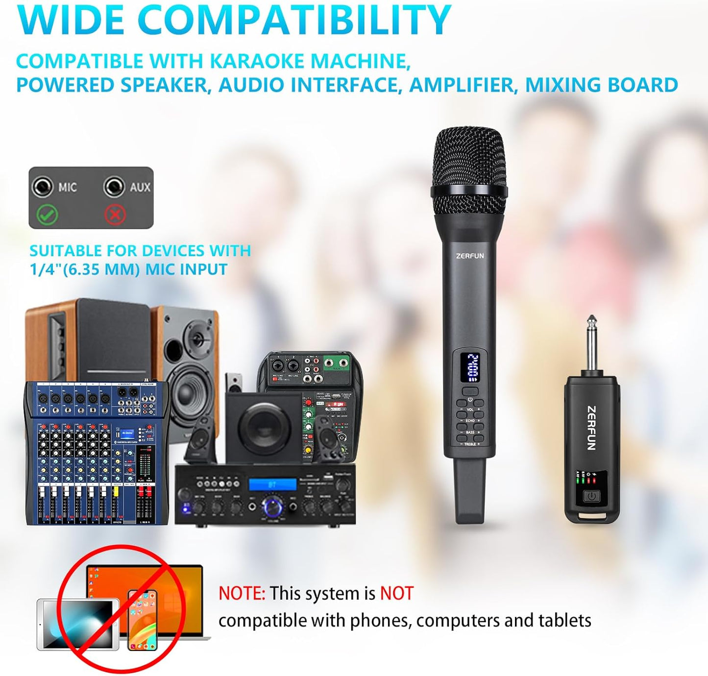 Rechargeable Wireless Microphone, Pro Handheld Cordless Mics System Dynamic with Echo Treble BASS VOL Control for Karaoke Singing Church Party, 1/4'' Output, D240, Grey