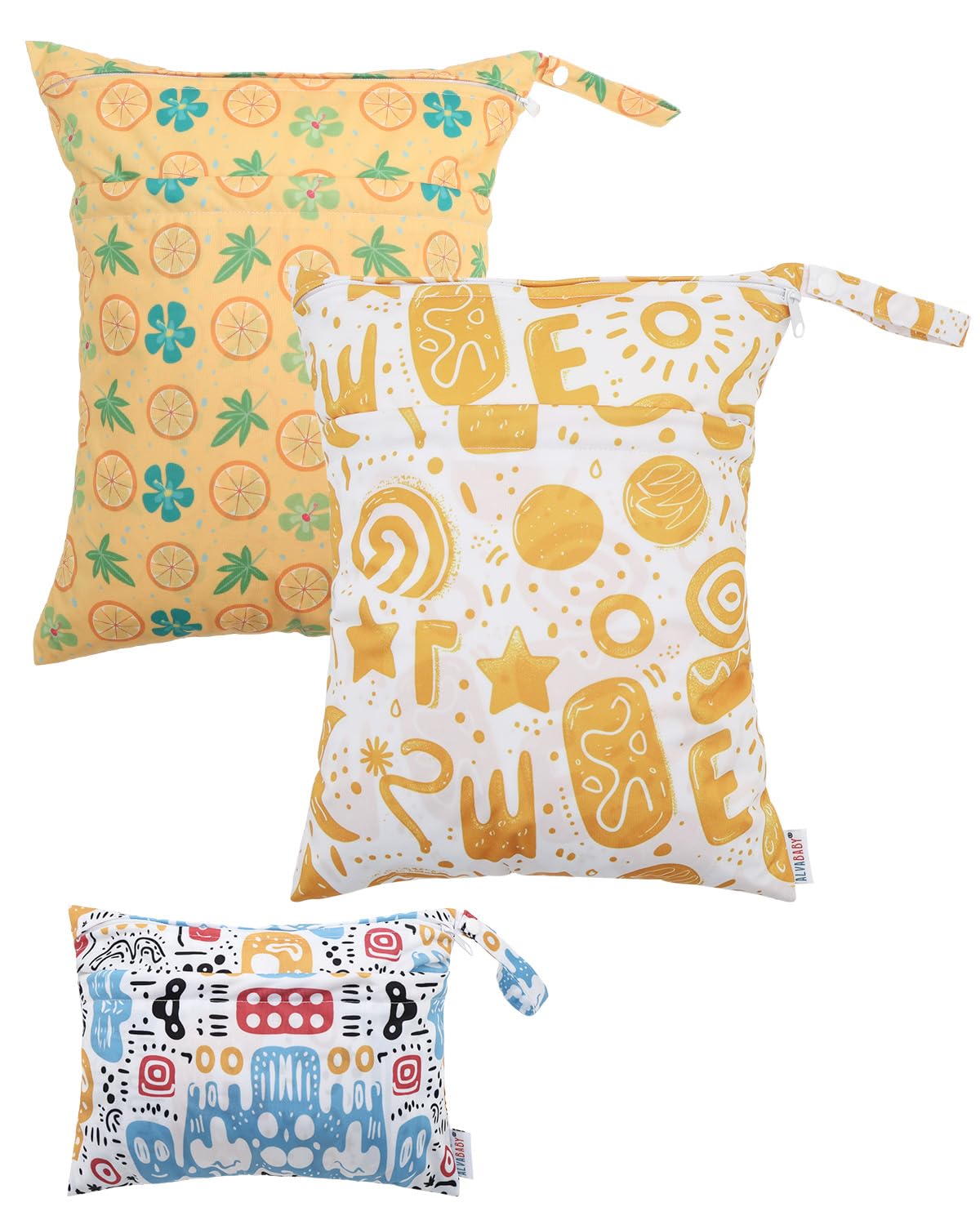 ALVABABY 3 Cloth Diaper Wet Dry Bags Waterproof Reusable with Two Zippered Pockets Travel Beach Pool Daycare Soiled Baby Items Yoga Gym Bag for Swimsuits or Wet Clothes Small medium Large 3L-SML05