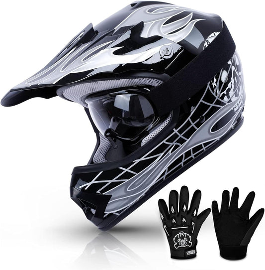 TCMT Dot Youth & Kids Motorcycle Off-Road Helmet Full Face Motocross Street Dirt Bike Mountain Bike BMX MX ATV Helmet+Goggles+Gloves New