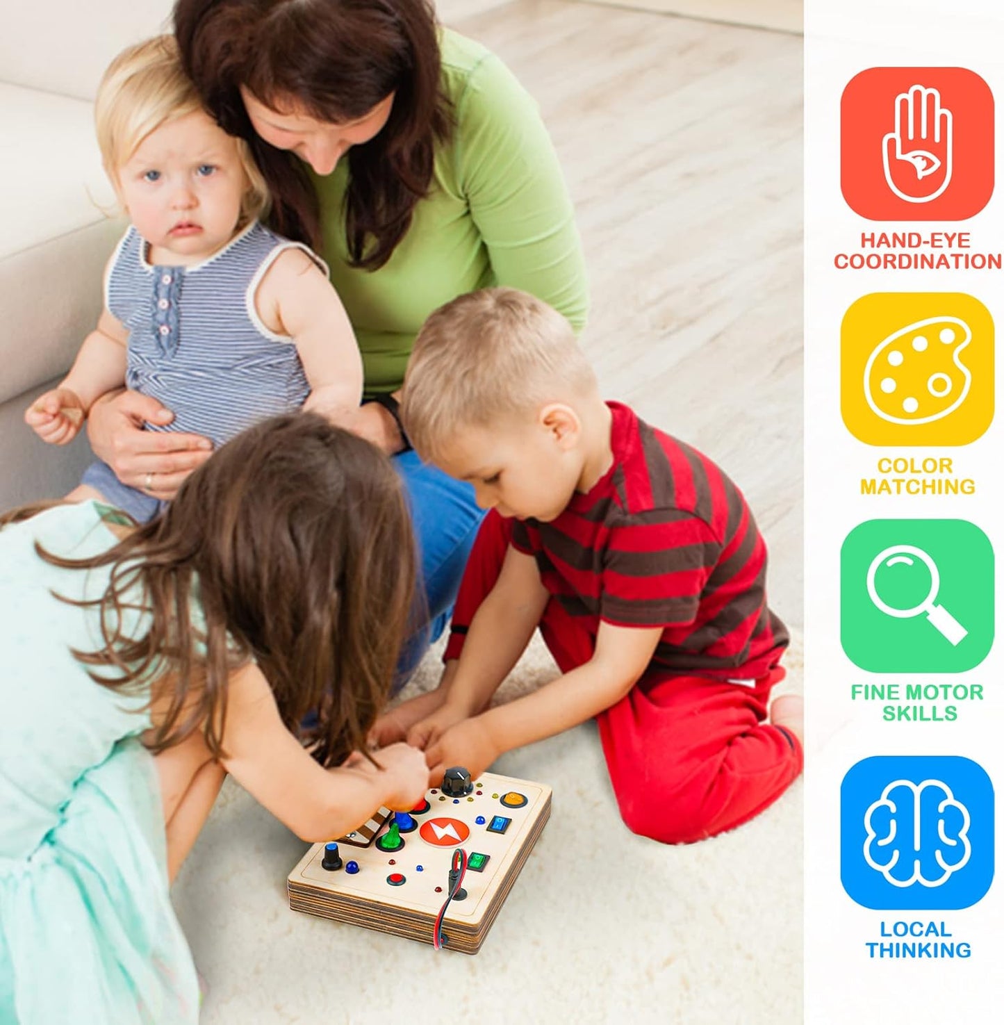 Joyreal Montessori Busy Board Wooden Sensory Toys for Toddler with LED Light Up Switch, Baby Fidget Board Travel Toys for 18+ Months, 1 2 3 Year Old Boys Girls Toddler Toy Gifts (Mixed Lights)