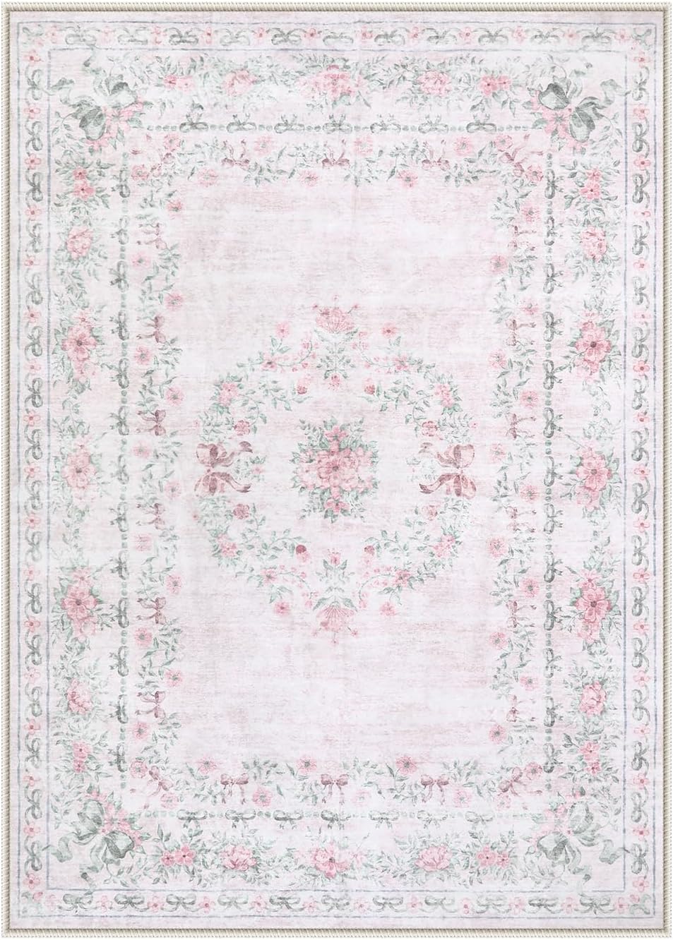 Wonnitar Floral Bow Pink Rug for Bedroom, Washable 5x7 Area Rug for Girls Nursery, Ultra-Thin Non Slip Soft Boho Carpet for Kids Room Dorm Living Room, Light Pink