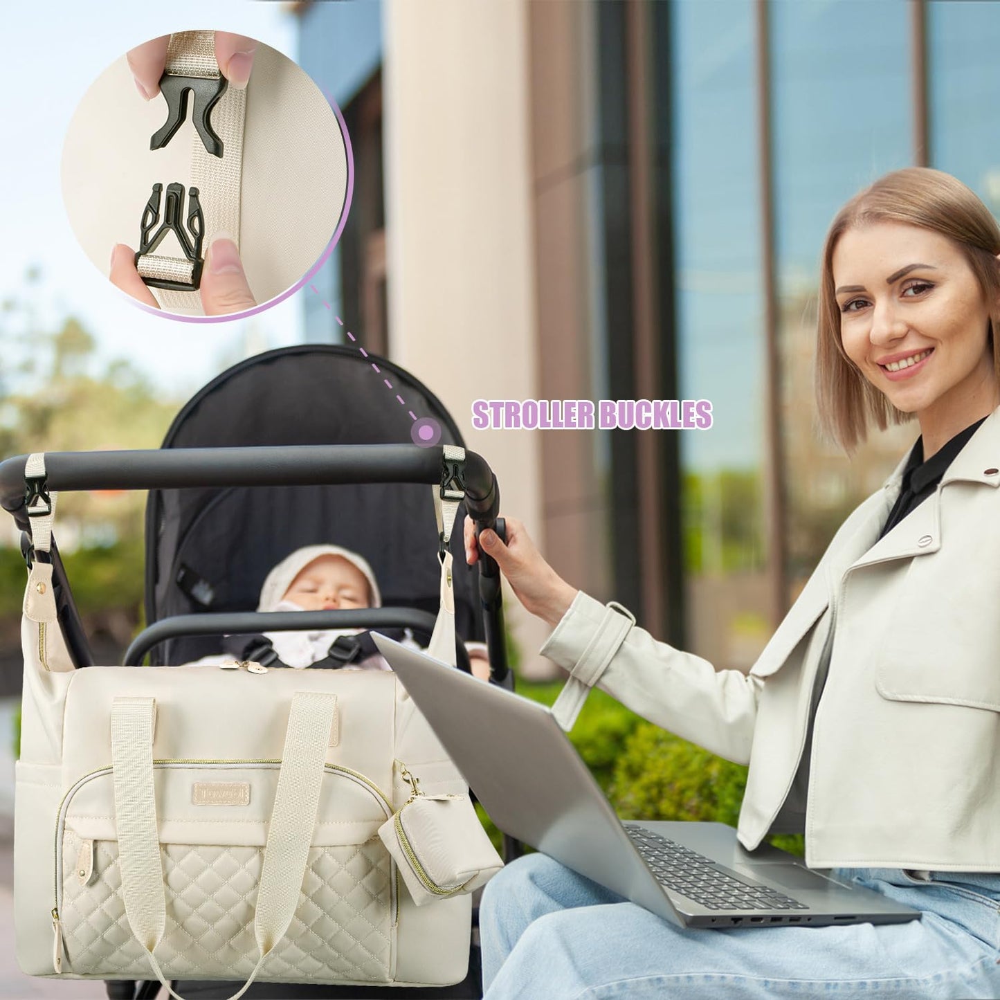 Tuwubi Diaper Bag Tote,Baby Diaper Bag with Pacifier Case Large Travel Diaper Tote Caddy for Mom and Dad Multifunction Large Baby Bag - M-White