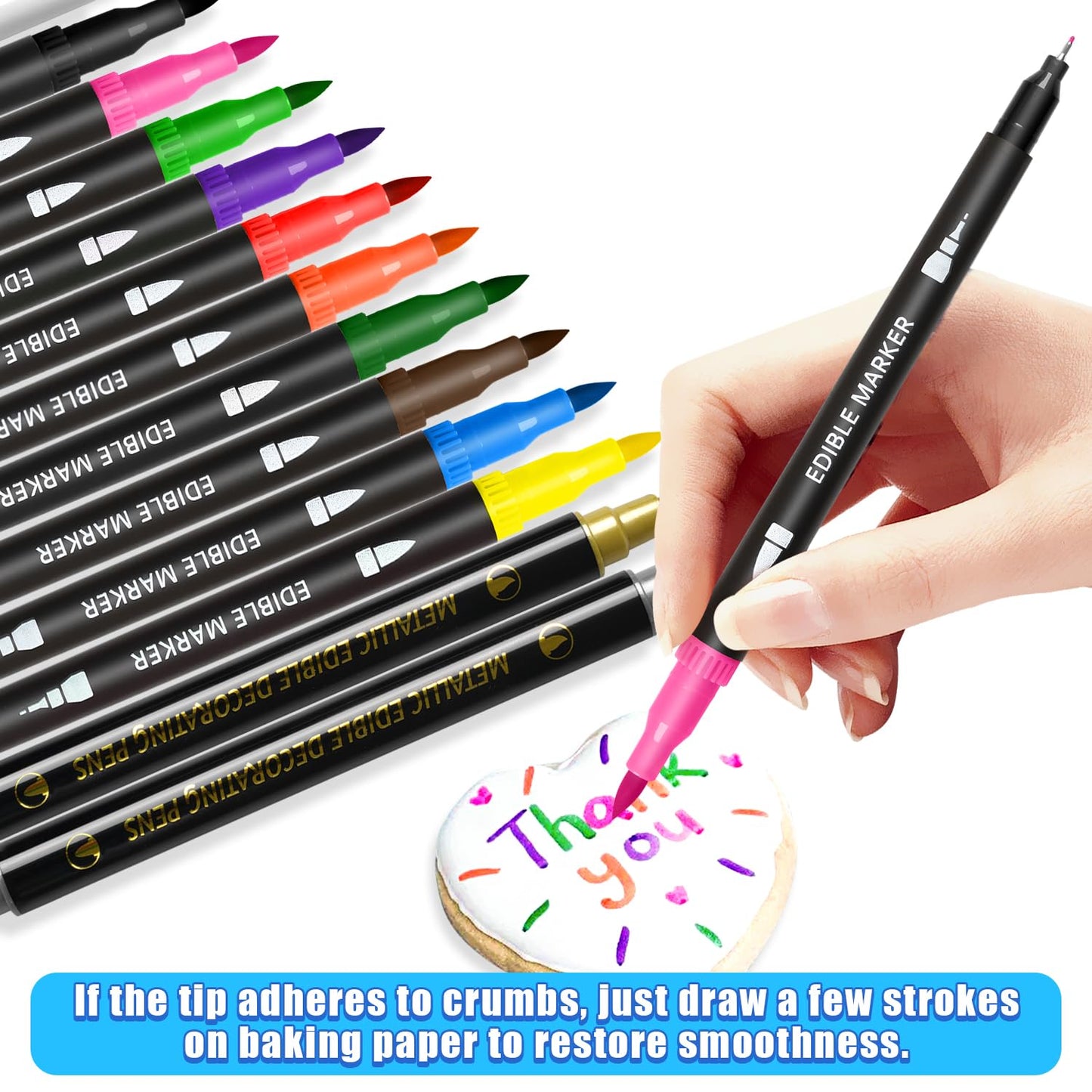Edible Markers, Colorful Metallic Gold Food Coloring Pens, 13 pcs Writer with Brush Tip for Decorating Cookies, Fondant, Gum paste, Icing, Macarons, DIY Easter Eggs, Marshmallows, Fruits.