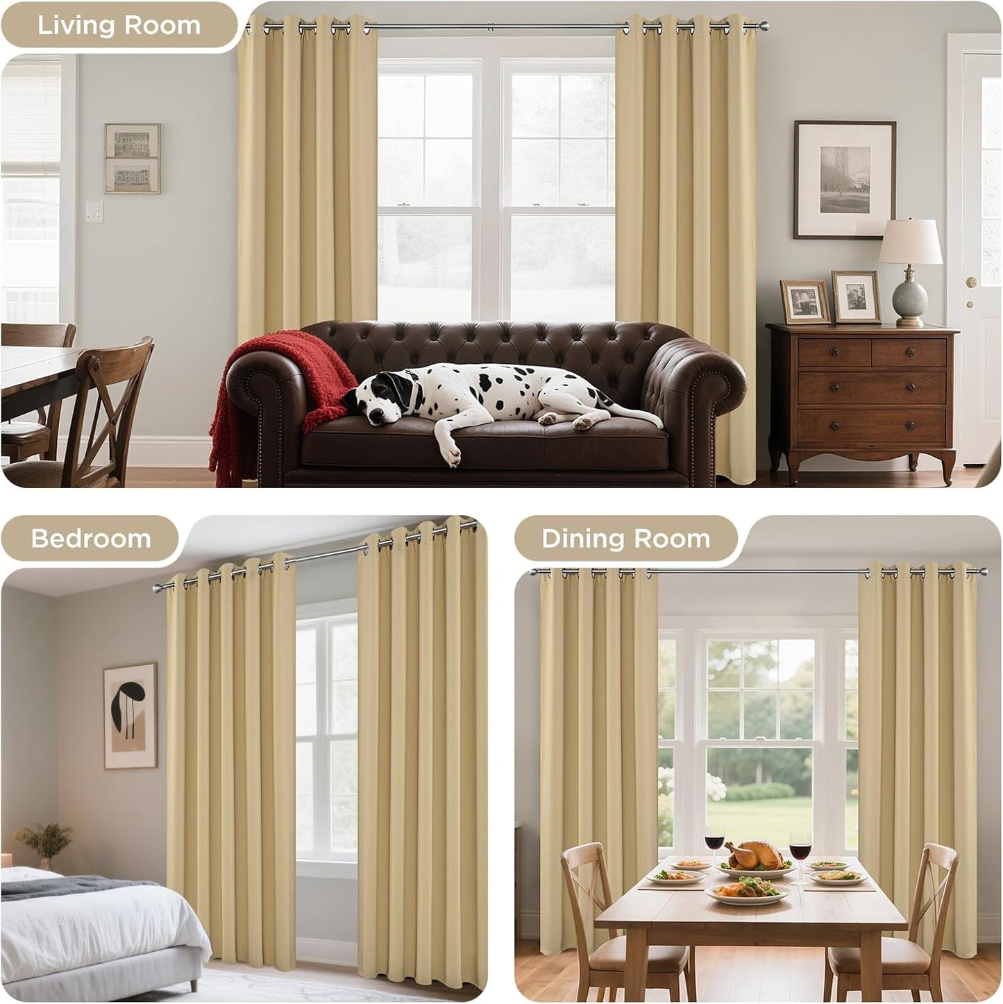 Joydeco Blackout Curtains 108 Inch Length 2 Panels Set, Thermal Insulated Long Curtains& Drapes 2 Burg, Room Darkening Grommet Drapes for Living Room Bedroom Window (W52 x L108 Inch, Beige)