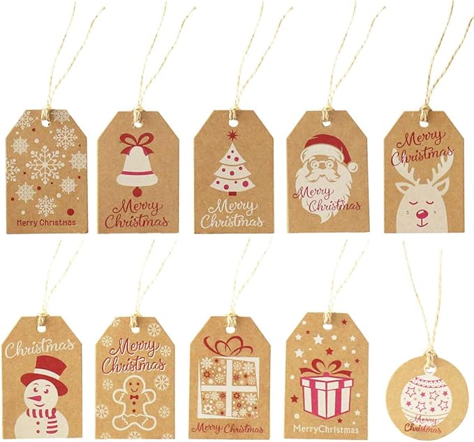 100 Pack Brown Kraft Paper Christmas Gift Tags， Xmas Brown Kraft Gift Tags with Jute Twine Baker Twine for DIY Xmas Holiday Present Wrap Stamp and Label Package Name Card
