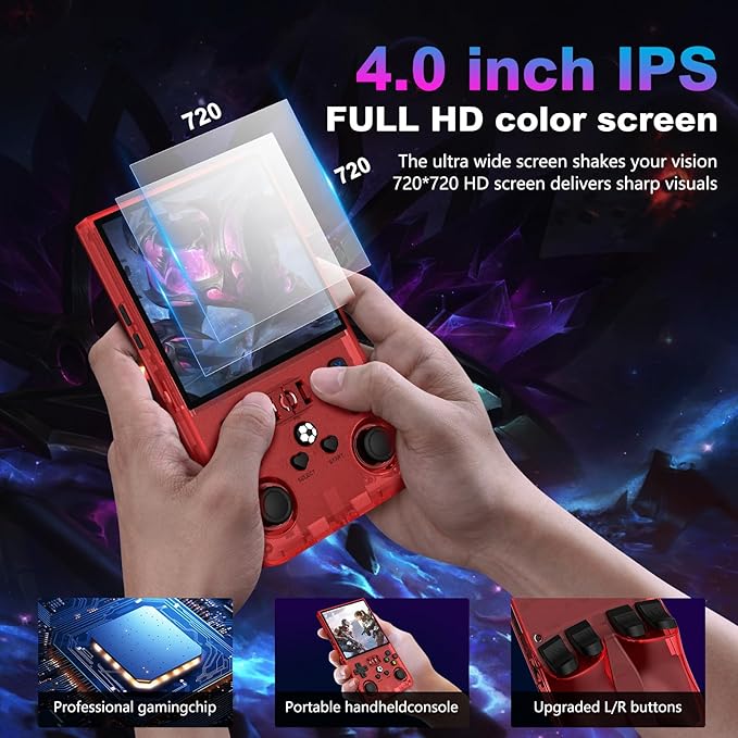 R36MAX Retro Handheld Game Console, 4.0 Inch 720x720 IPS Screen, Built-in 22,000+ Classic Game, Portable Hand Held Open Source Linux System, 4000mAh Battery Retro Gaming Console (Red 128GB)