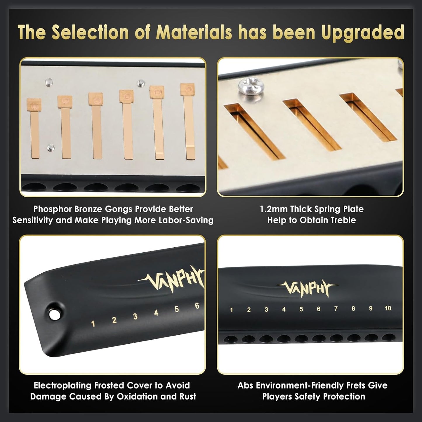 Harmonica VANPHY C Harmonica 10 Holes 20 Tones Blues Diatonic Mouth Organ for Kids Beginners Students Adults & Professionals with Case（Black）