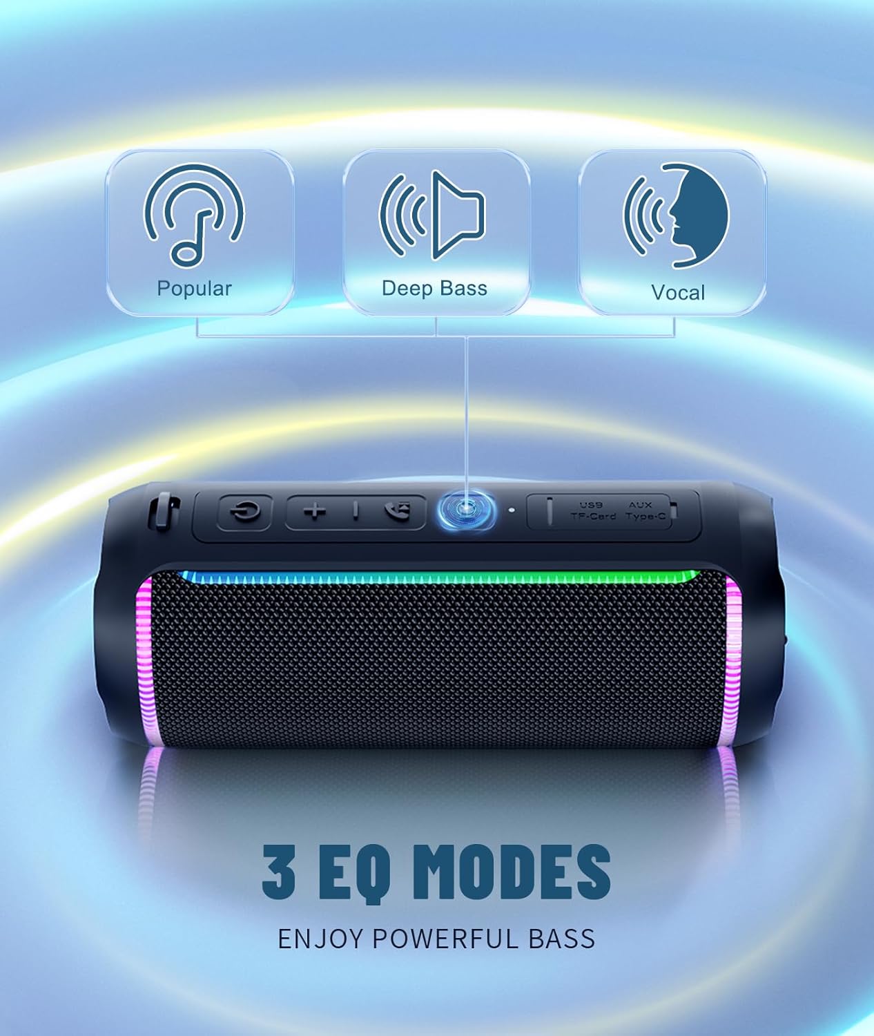 Ortizan Portable Bluetooth Speaker, 40W Loud Sound and Deep Bass, IPX7 Waterproof, True Wireless Stereo, Bluetooth 5.3, Colorful Flashing Lights, Preset EQ, USB Play, for Home, Outdoor, Party, Black