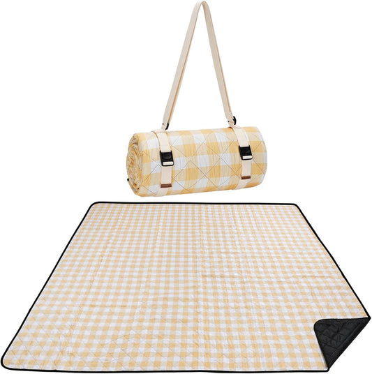 Picnic Blanket, 80''x80'' Waterproof Outdoor Blankets, Picnic Mat Washable for Beach, Picnic Blankets for Camping on Grass with Shoulder Strap - Yellow & White