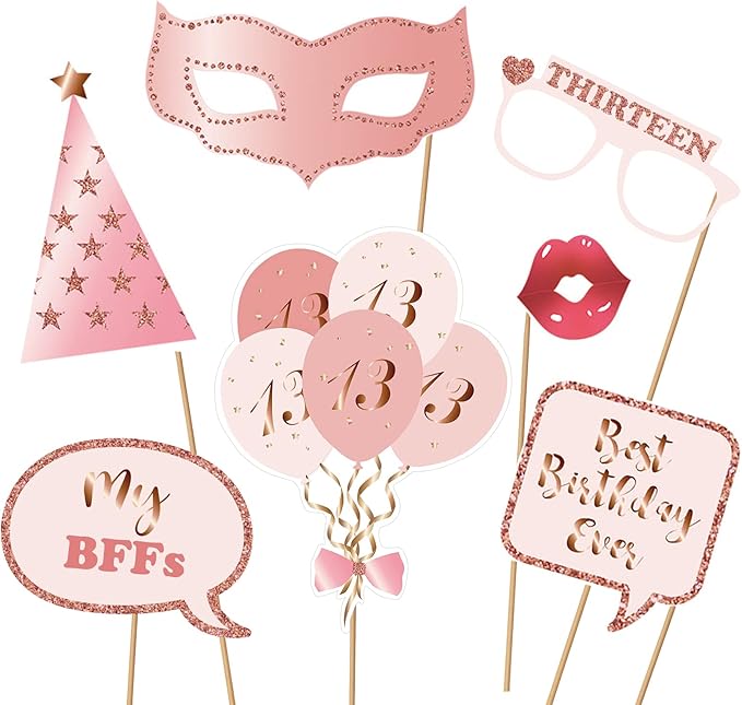 13th Birthday Party Photo Booth Props and Signs, Rose Gold 13 Birthday Party Selfie Props Kit with Sticks for Girls, Thirteen 13th Happy Birthday Party Decorations Supplies Favors
