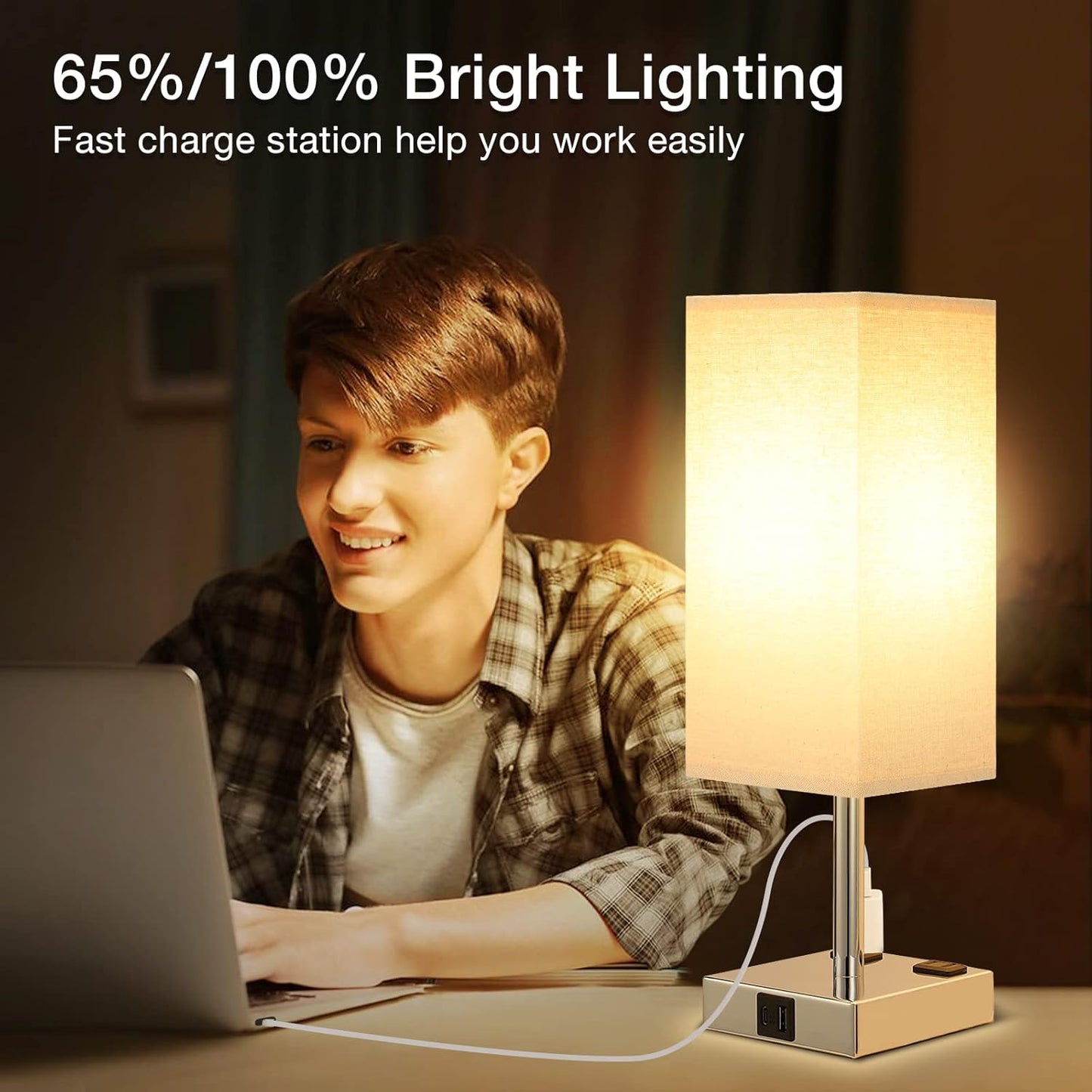 aooshine Beige Set of 2 Touch Lamp with USB Port-Nightstand Lamp with USB-C+A Charge Ports& AC Outlets, 3-Way Dimmable Bedside Lamp with Shade,Small Table Lamp for Bedroom Living Room(Bulb Included)