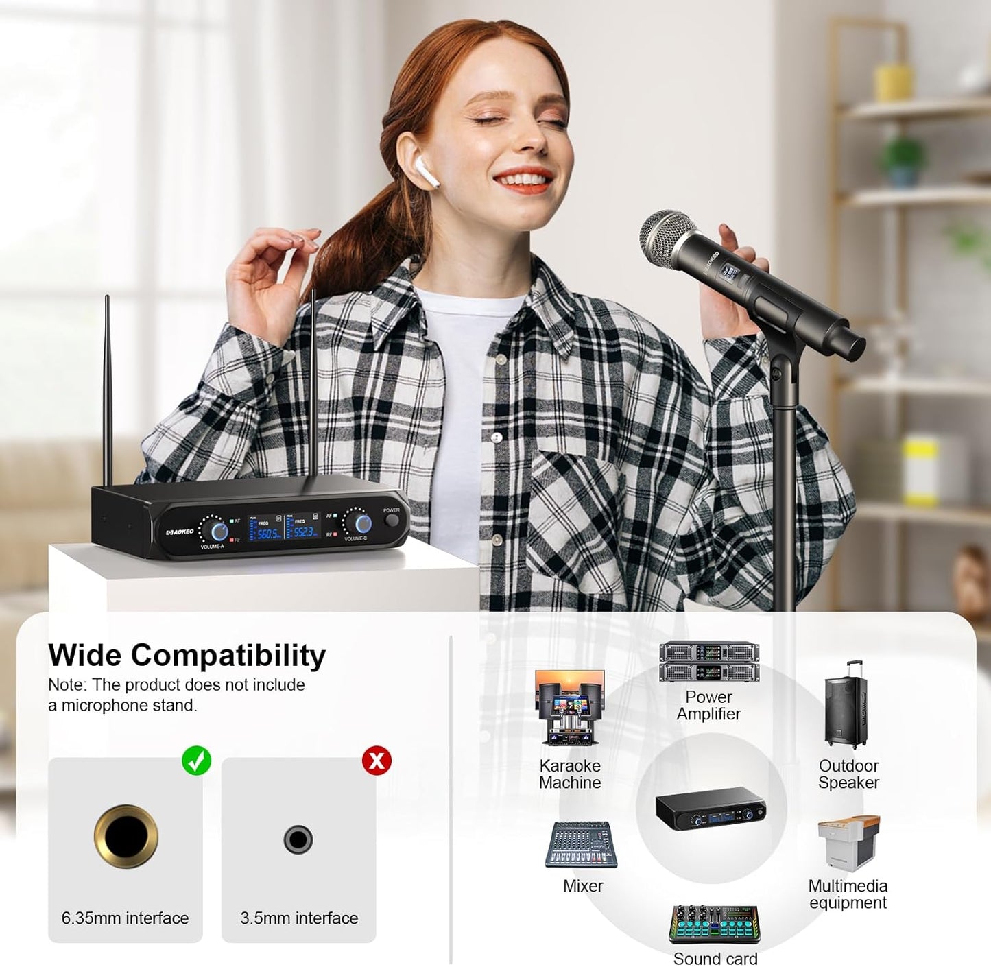 Aokeo Wireless Microphone System, Metal Wireless Mic Set with Case,Handheld Cordless Dynamic Microphones for Singing, Karaoke, Church, DJ,100ft Range