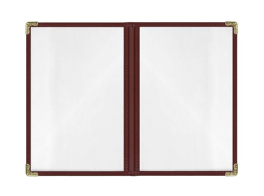 Goodsmart Restaurant Menu Covers – 25 Pack Burgundy 4-View, Side-Loading Menu Holders, Vinyl & Plastic Café Menu Covers, Clear Menu Sleeves, Fits 5.5" x 8.5", Leather-Style Design, Gold Corners