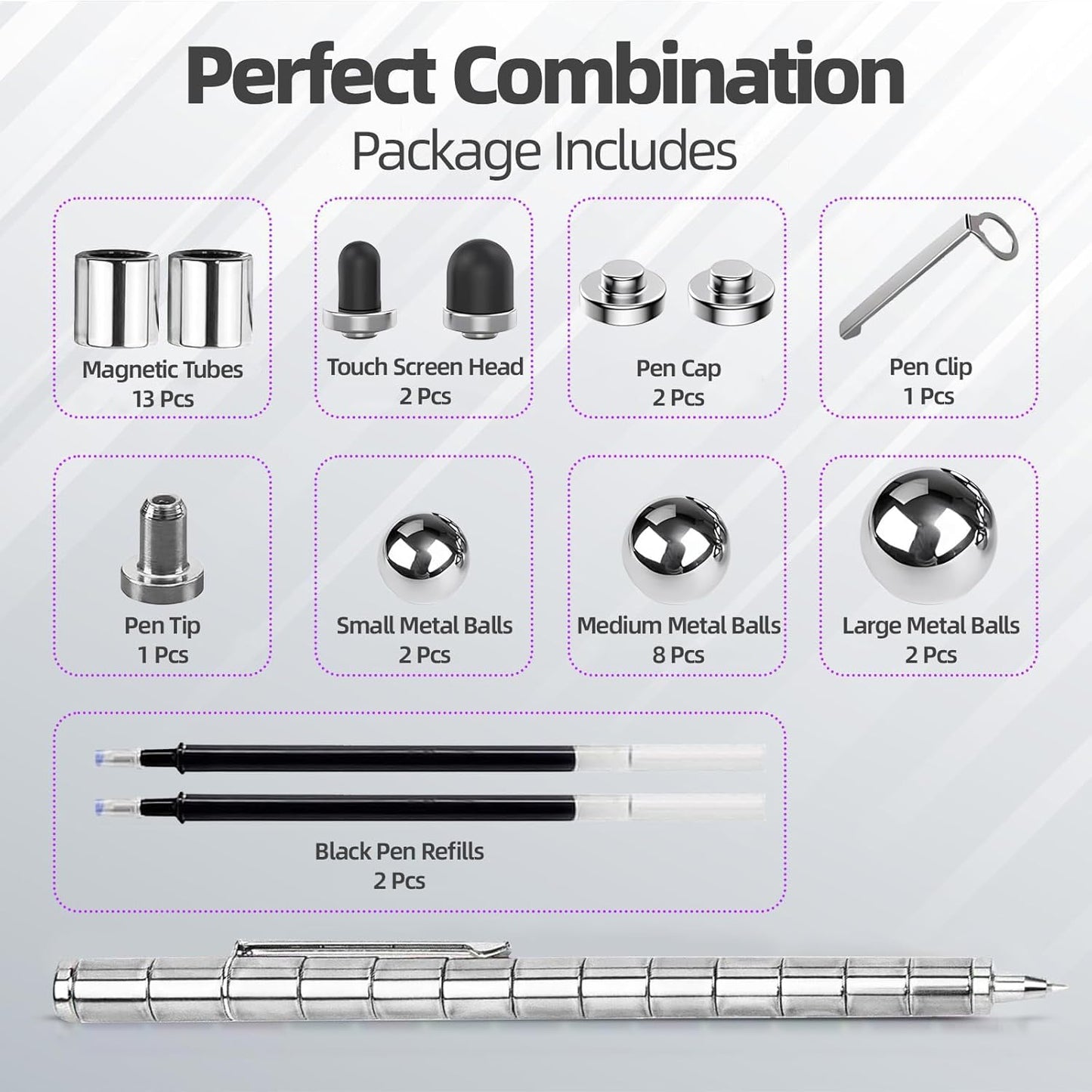 Magnetic Fidget Pen Toys - Multifunctional Writing Novel Pen for Friends, Kids, Boys, Girls, Teens 8 9 10 11 12, Office Teacher Birthday Party Gifts, Stress & Anxiety Relief(Silver)