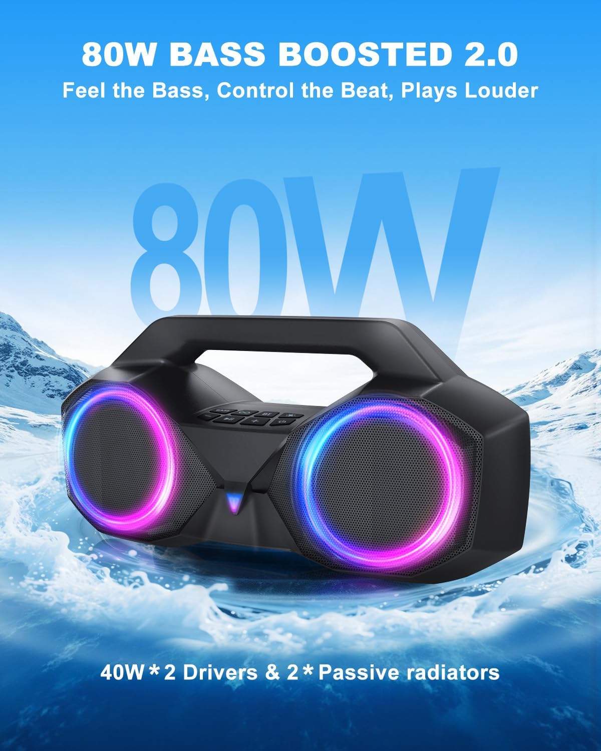 Bluetooth Speaker 80W(Peak)Loud with Bass, 20H Playtime, IPX7 Waterproof, RGB Lights, TWS, Large Portable Wireless Speakers for Outdoor, Home, Party, Pool, Beach, Tailgating, Gym, Work, Gifts (Black)