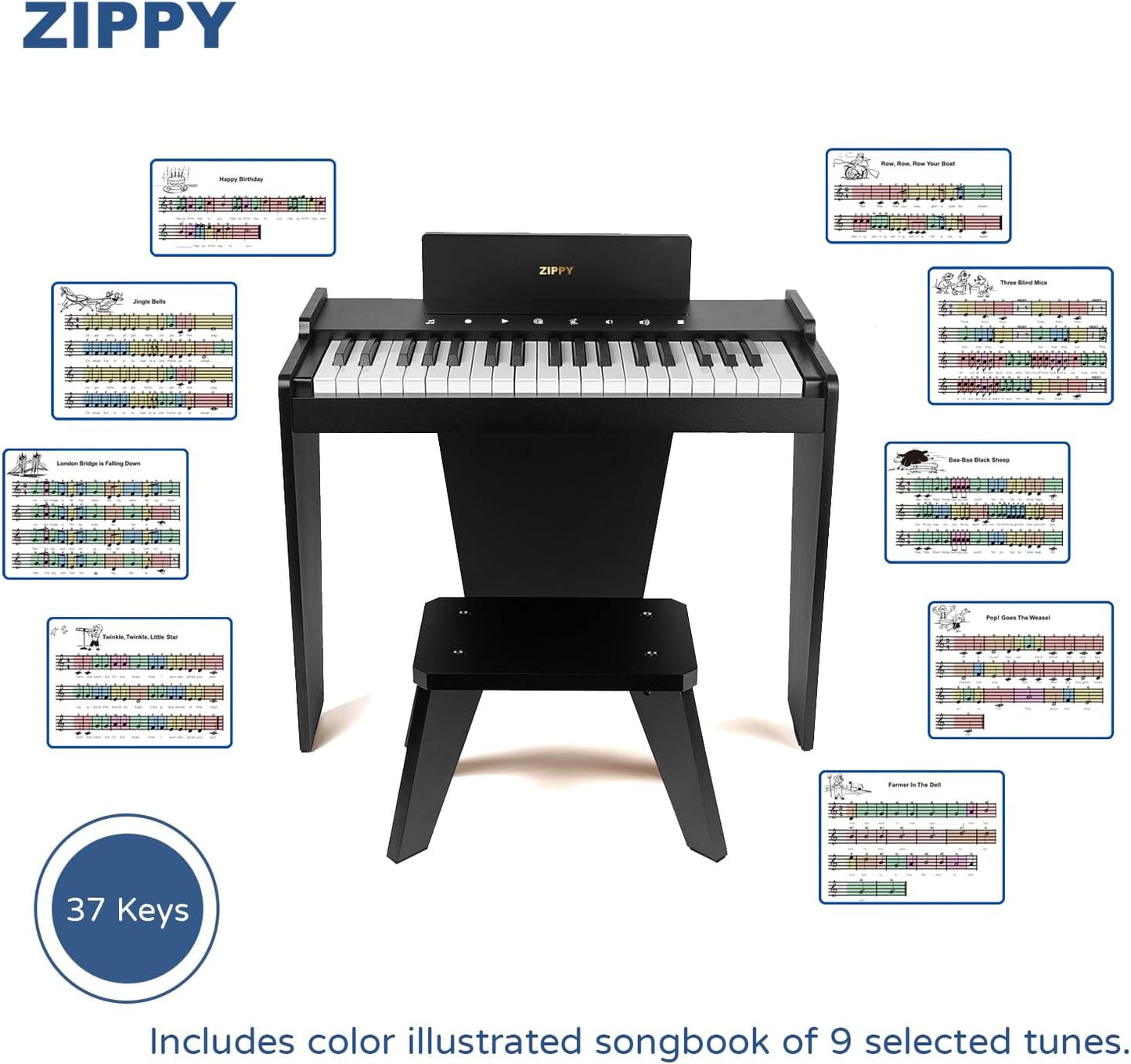 ZIPPY Kids Piano Keyboard, 37 Keys Digital Piano for Kids, Touch Sensitive Control Panel, Built-in Songs, Volume Adjustable, Music Educational Instrument, Wood Piano for 3+ Girls and Boys (Black Plus)