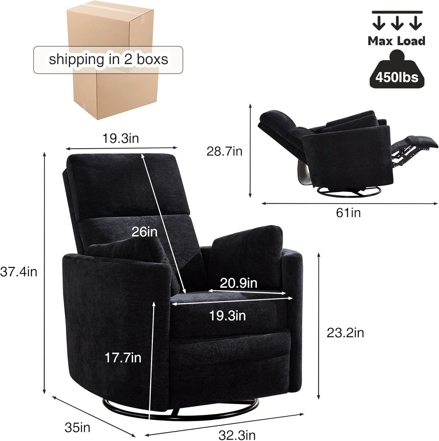 Swivel Rocker Recliner Chair, Manual Swivel Rocking Glider Chair for Nursery Adult Rocking Chair with 2 Pillows for Living Room Bedroom (Black, Manual Operation)