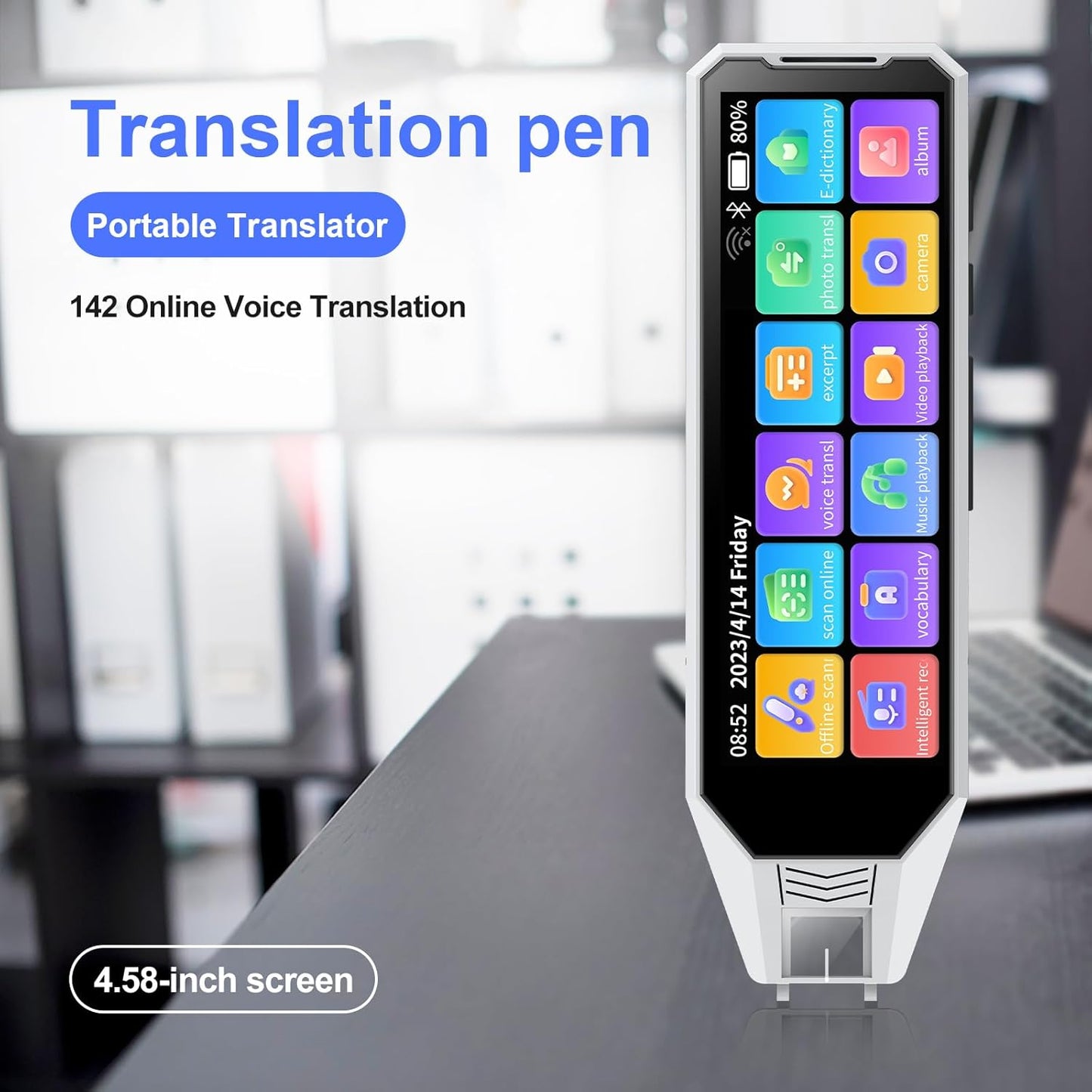 Reading Pen Language Translator Scanner Pen, 142 Languges Real time Two-Way AI Translation Device, 4.58 Inches Screen, HD Sound, Long Battery Life, for Travel Business Learning (White)