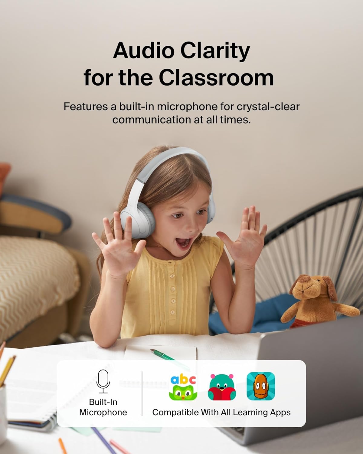 Belkin SoundForm Mini - Wireless Bluetooth Kids Headphones, 30H Battery, 85dB Safe Volume Limit, Built-in Microphone - Toddler On-Ear Earphones for iPhone, iPad, Fire Tablet, Ideal for School - White