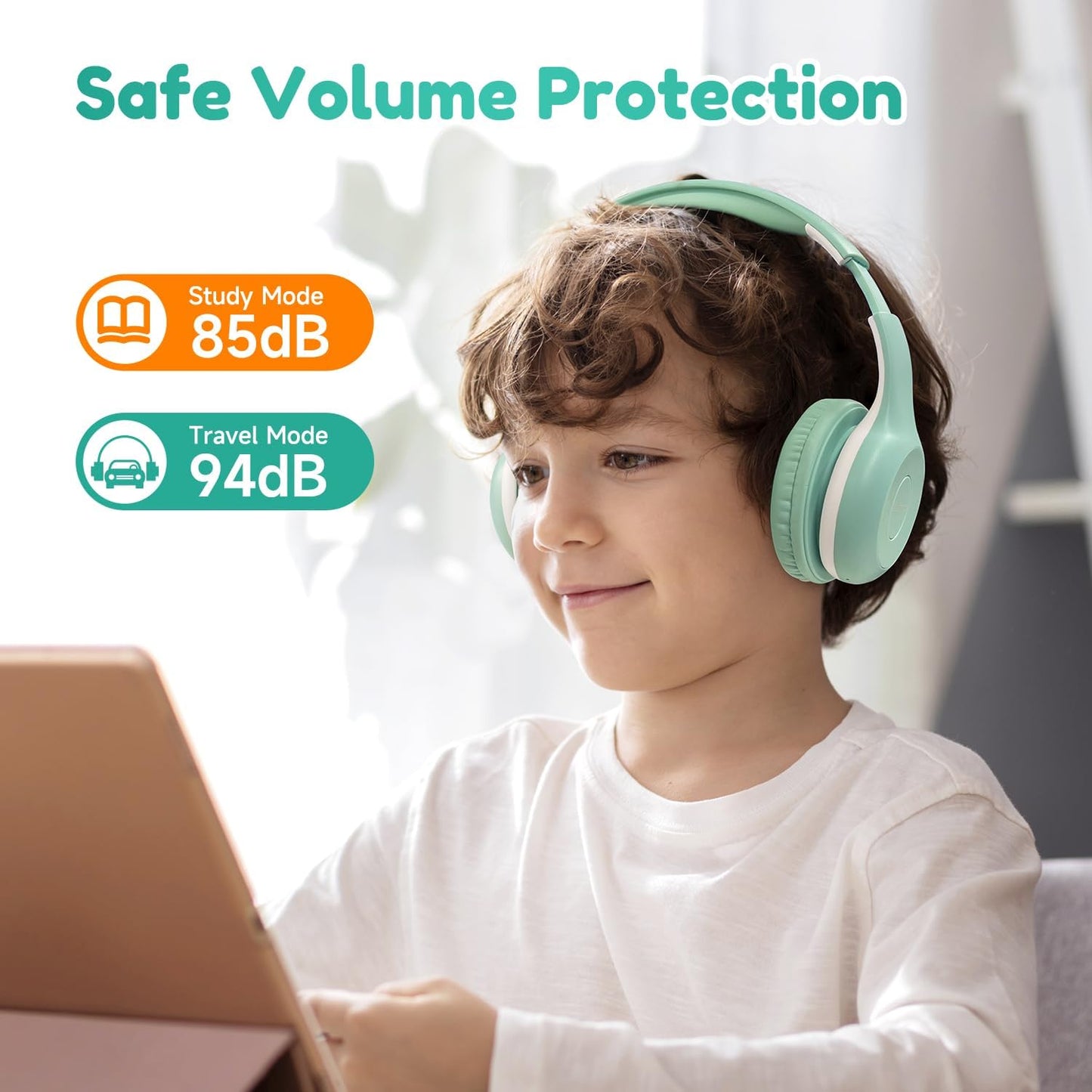 EarFun K2 Kids Bluetooth Headphones, Kids Headphones with Volume Limited, 40H Playtime, Built-in Mic, Stereo Sound, Foldable Over-Ear Headphone for School/Travel/iPad/Tablet, Green