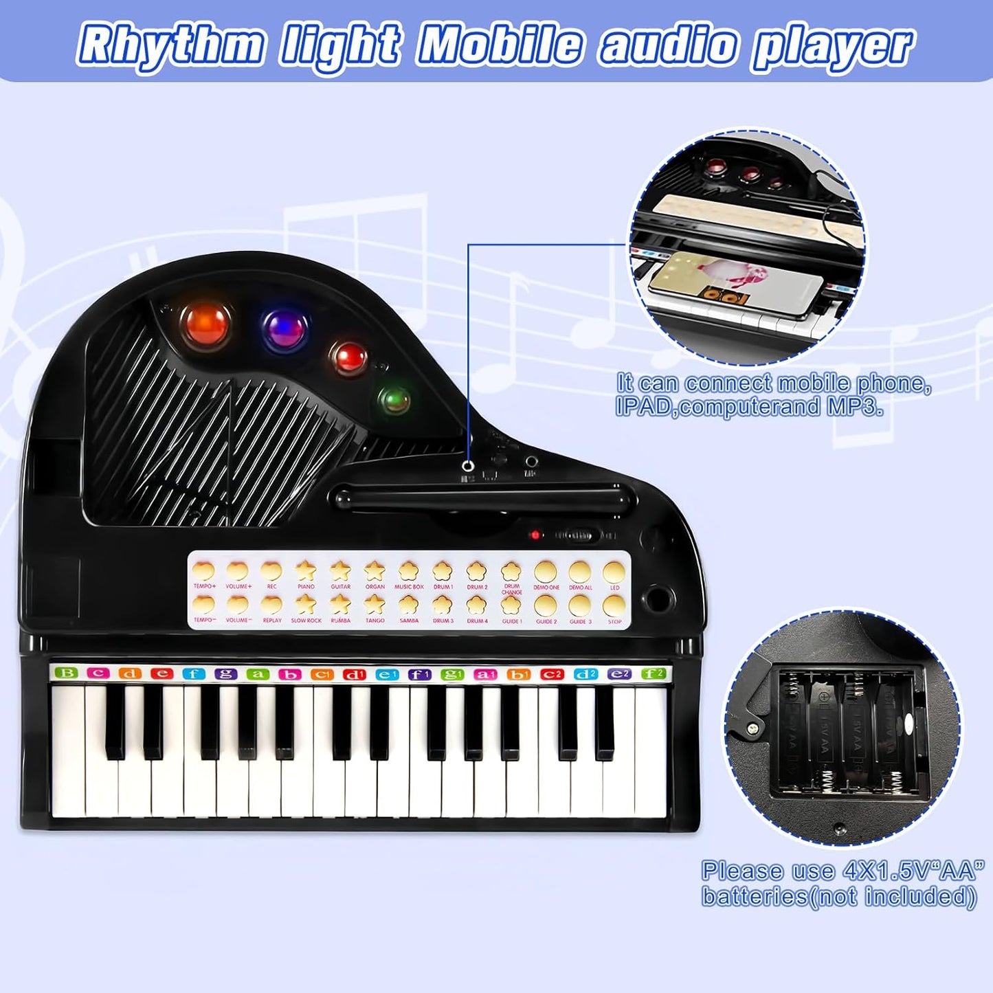 Love&Mini Piano Keyboard Toy for Kids - 31 Keys Toddlers Black Piano Toy with Microphone and Stool for Kids Age 3+ Years Old Girls Boys Birthday Gift