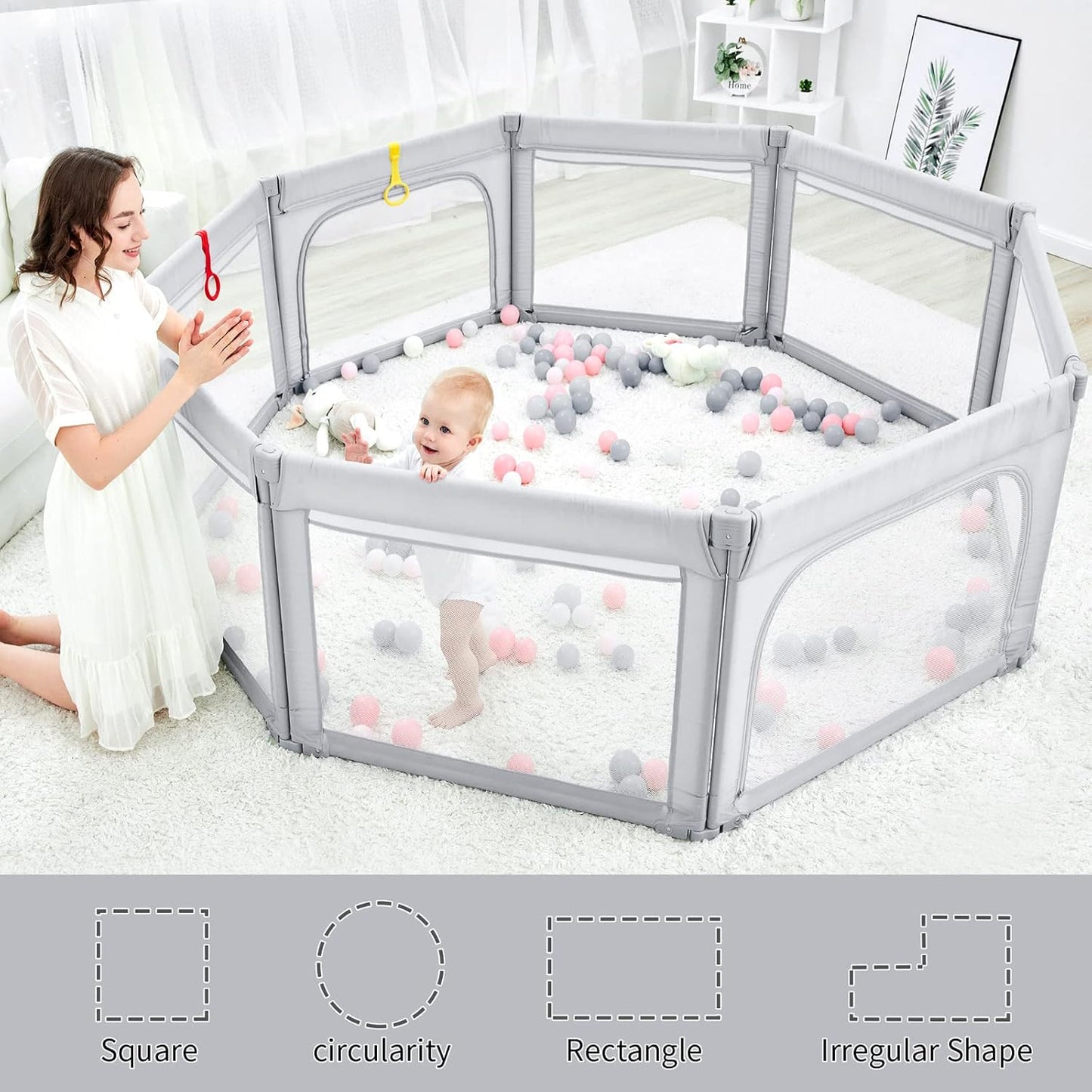 Foldable Baby Playpen, Shape & Size Adjustable Playpen for Toddler, 79x71 Large Play Pens Safety Mesh Foldable Playard for Babies, Portable Baby Fence Play Area Kids Play Pen, Grey