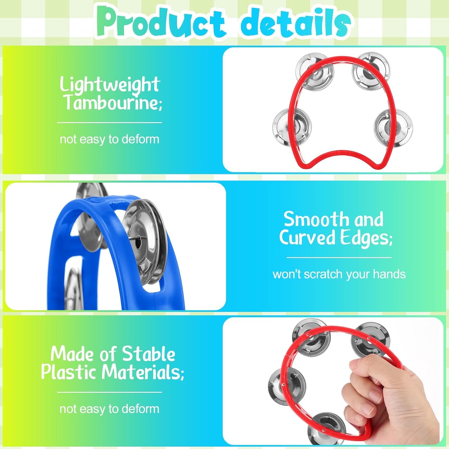 Yeshone 30 Pack Tambourine for Kids Adult Tamborines Musical Instrument Noise Makers 4 Bells Handheld Tambourines for Back to School Supplies Church Wedding Operation Christmas(Red and Blue)