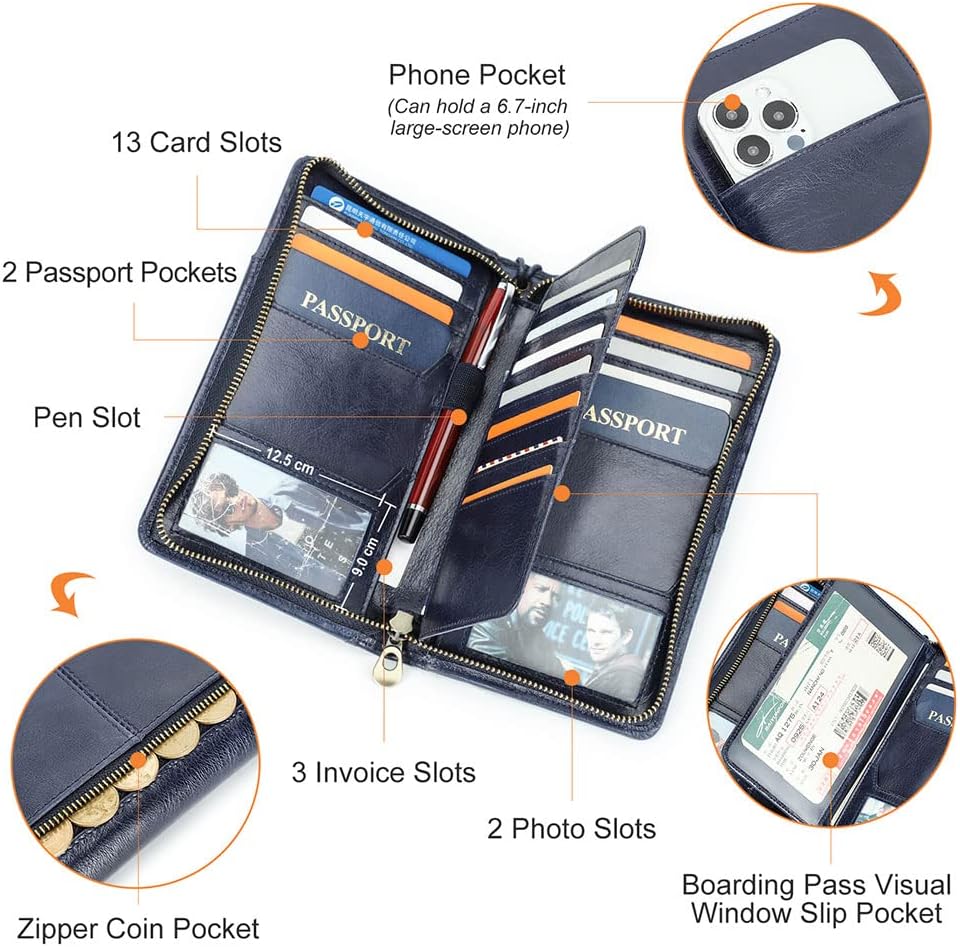 CONTACTS Passport Wallet Leather Family Passport Holder for 4 Travel Documents Organizer RFID Blocking Zipper Blue Card Wallet with 13 Card Slot