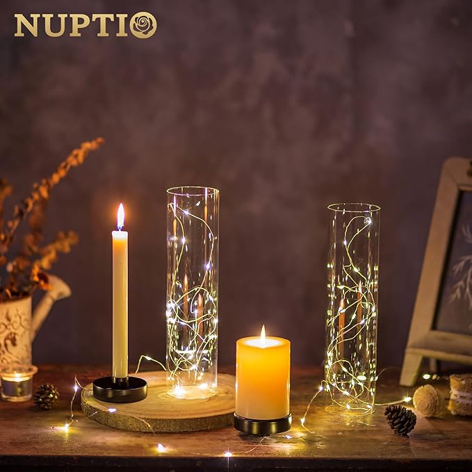 NUPTIO Black Taper Candle Holders: 10 Pcs Bulk 11.81 inch Tall Hurricane Glass Candlestick Tapered Holder Windproof Modern Clear Candles Stand for Outdoor & Indoor Wedding Party Holiday Centerpiece