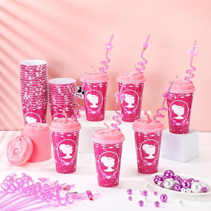 Yungyan 24 Sets Hot Pink Girl Party Favors Goodie Cups with Lids and Straws for Birthday Decorations Reusable 16oz Plastic Candy Cups Plastic Straws for Birthday Party (Pink Princess)