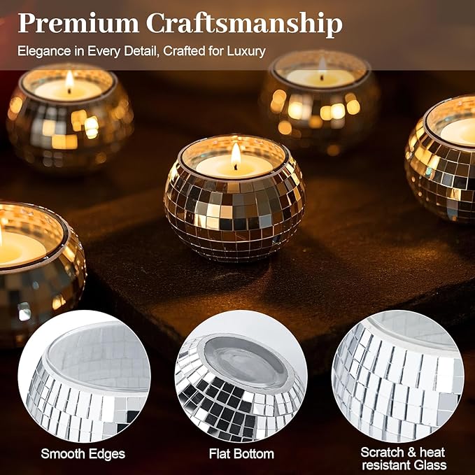 Luditek Disco Ball Candle Holders, 12 Pcs Mirror Silver Decor for Christmas Birthday Wedding NYE Party Decorations, Glass Votive with Tealights for Home Table Centerpiece, Gifts for Women