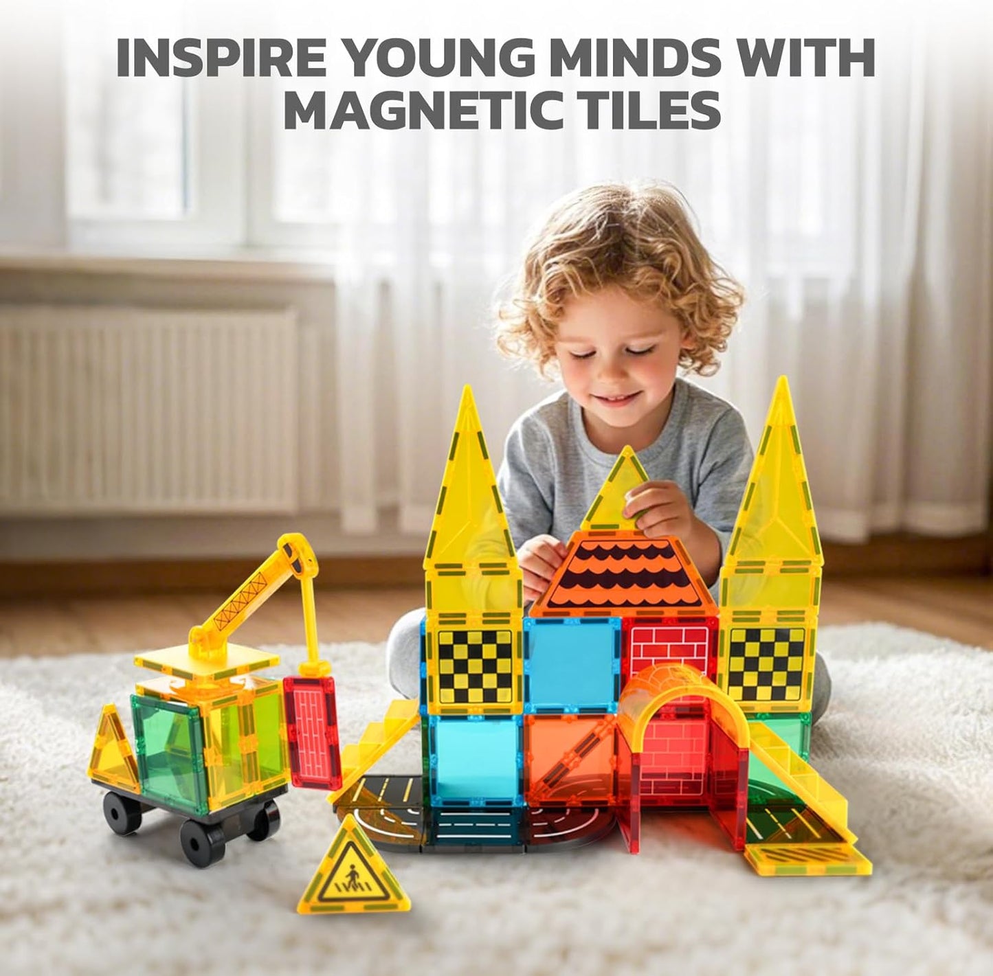 Magnetic Tiles Builder Construction Set, Magnetic Tiles Road Cars Set STEM Toys for Ages 3-8, Montessori Sensory Educational Magnet Toys for 3+ Year Old Boys and Girls Gifts