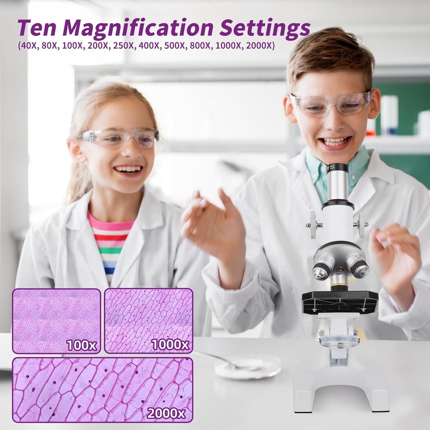 Microscope for Kids Beginner, 40X-2000X Biological Compound Microscope Kit with Adjustable Brightness LED, Slides for School Lab Home Education, Gifts for Children Students Ages 6+