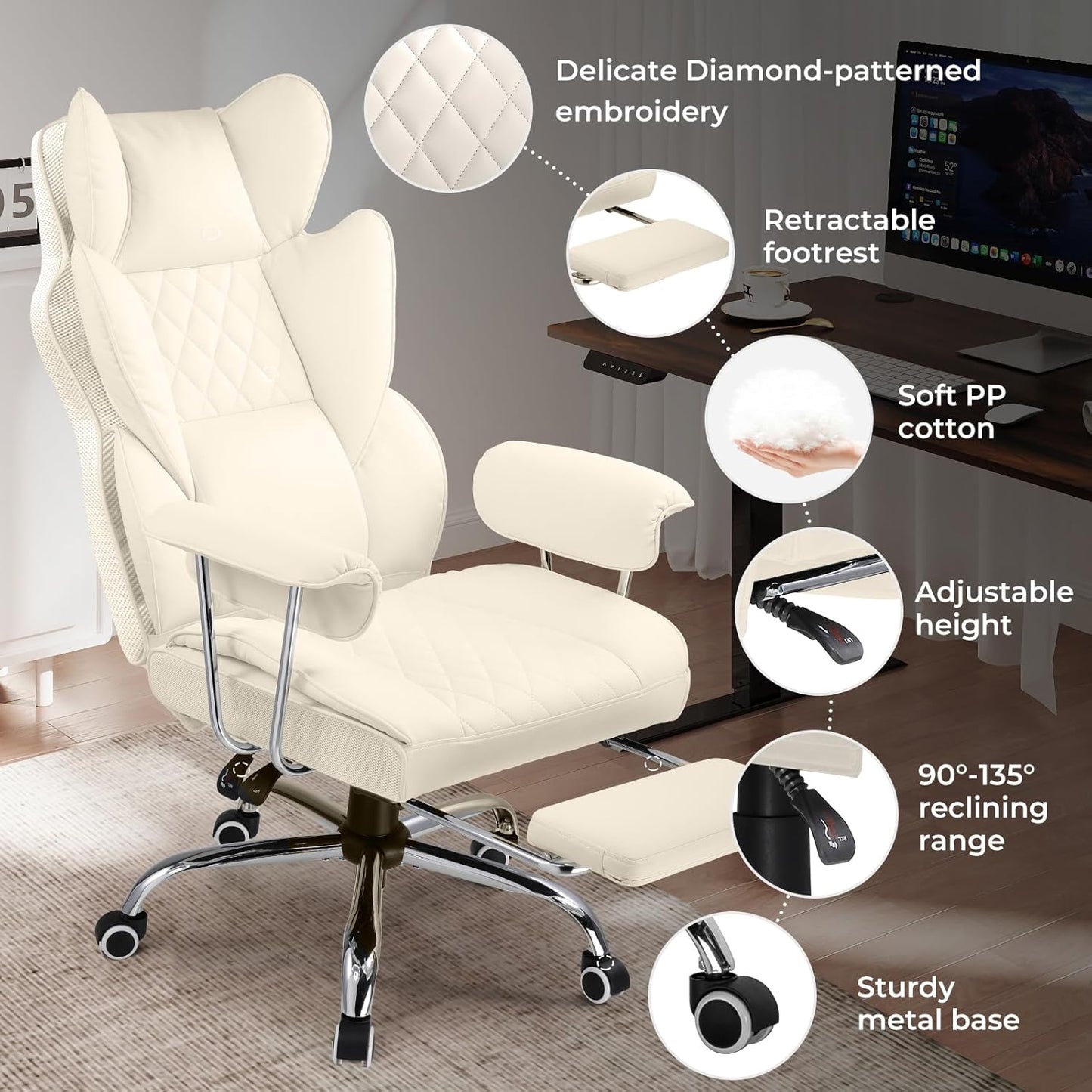 COMHOMA Big and Tall Office Chair, High Back Leather Gaming Chair with Footrest, Executive Ergonomic Office Chairs with Pocket Spring Lumbar Support and with Outward Fixed Soft Armrests