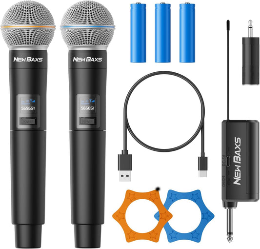 Wireless Microphone, Rechargeable Dual Cordless Handheld Dynamic Wireless Mics,NEWBAXS Karaoke Microphones with 1/4'' Output for Karaoke, Meeting, Singing, Church, Wedding